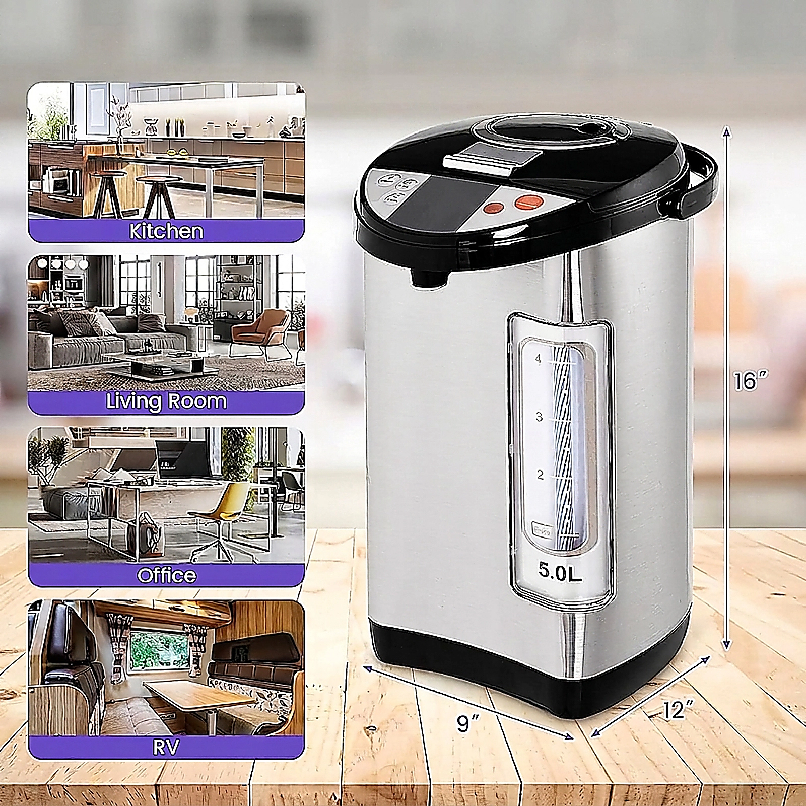 SUGIFT 5-Liter Electric LCD Water Boiler and Warmer with Timer 16-in Tall 5.0-Liter Capacity Black and Metal Silver