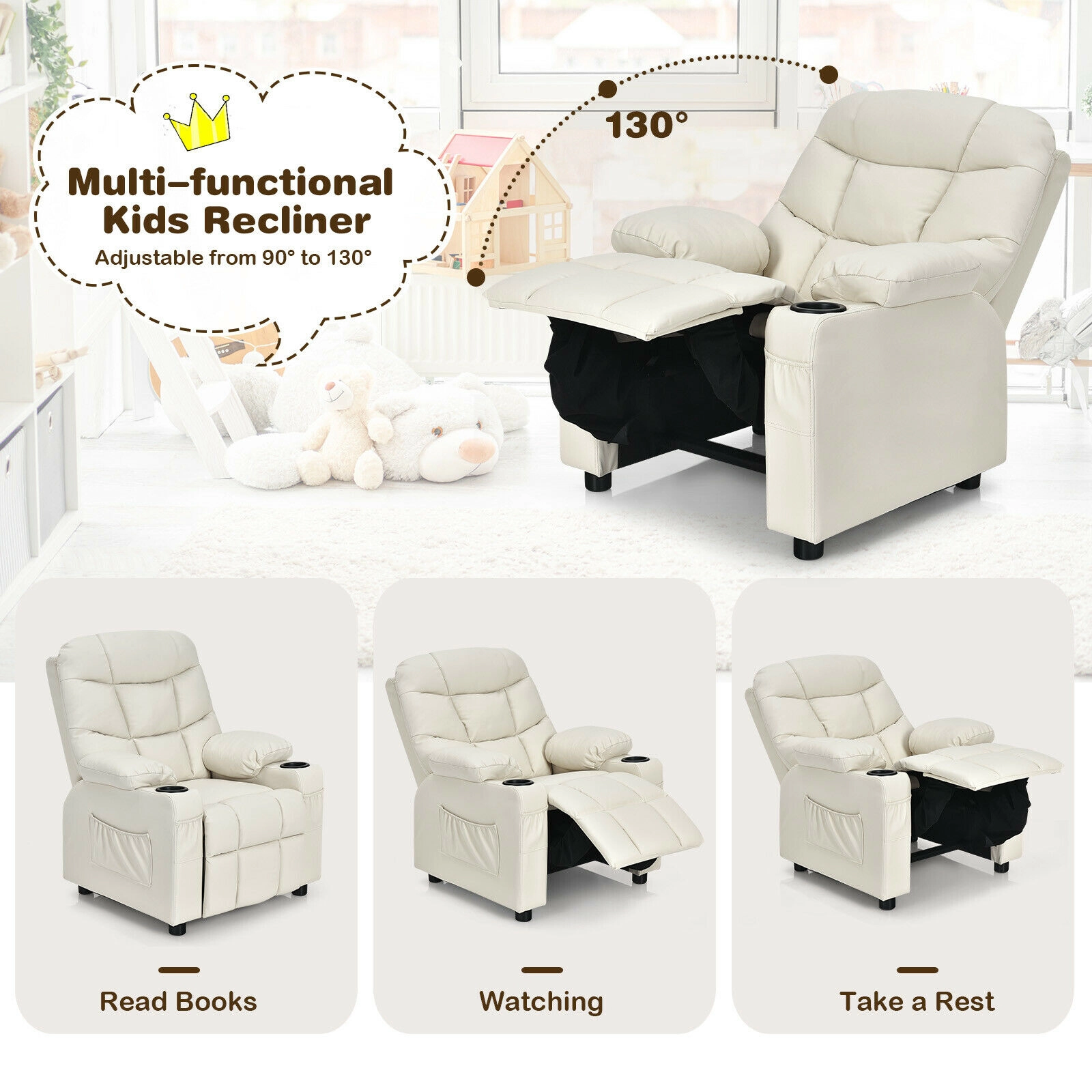 SUGIFT Kids PU Leather Cup Holders Side Pockets Footrest Recliner 26-in x 28-in x 34-in 120-lb Capacity Ages 3+ Beige