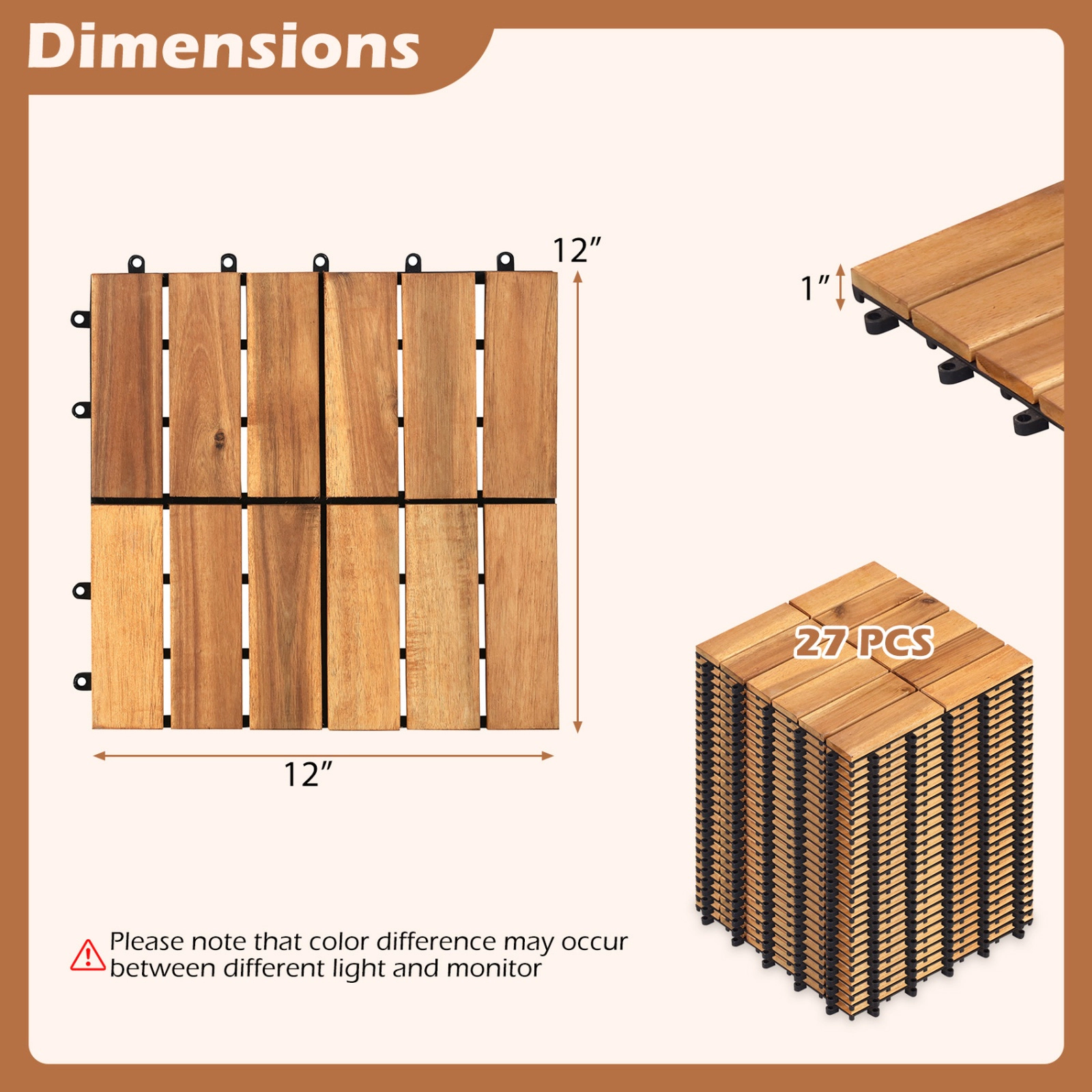 SUGIFT 27-Piece 12-in Natural Acacia Wood Interlocking Deck Tiles with Anti-Deformation PP Base