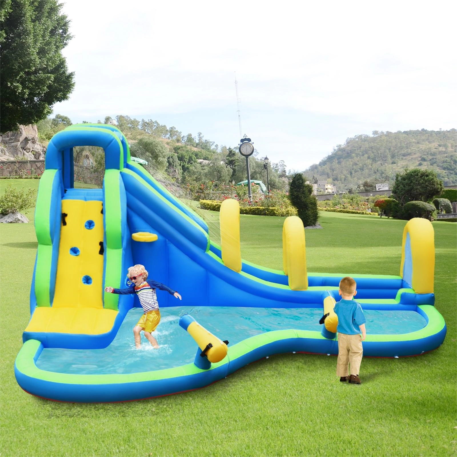 SUGIFT Water Cannons Climbing Wall and Hose No Blower Kids Inflatable Slide Bounce House