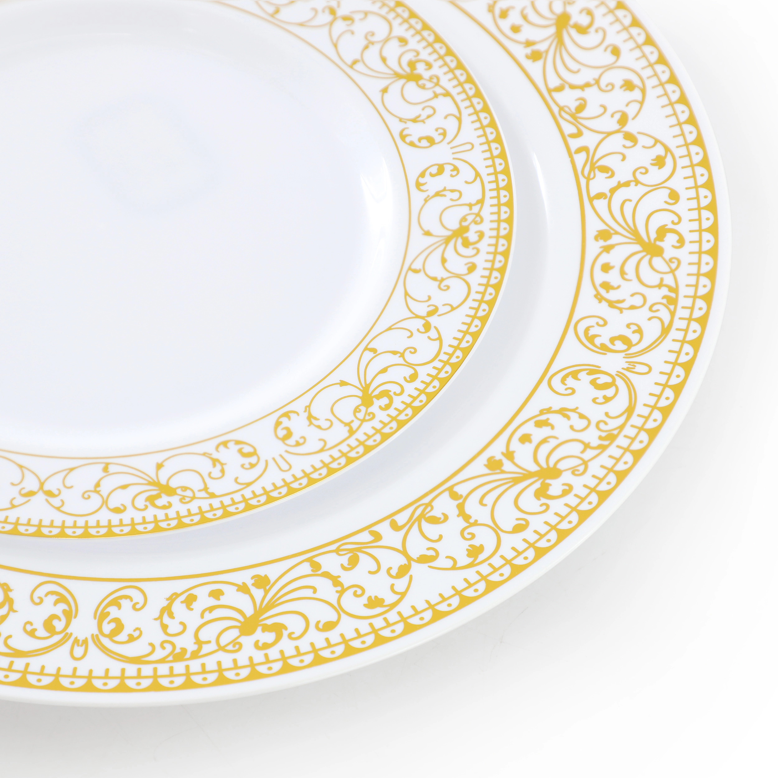 Elama 150 Piece Disposable Plastic Dinnerware Party Set for 25 Guests in White with Gold Decal Trim