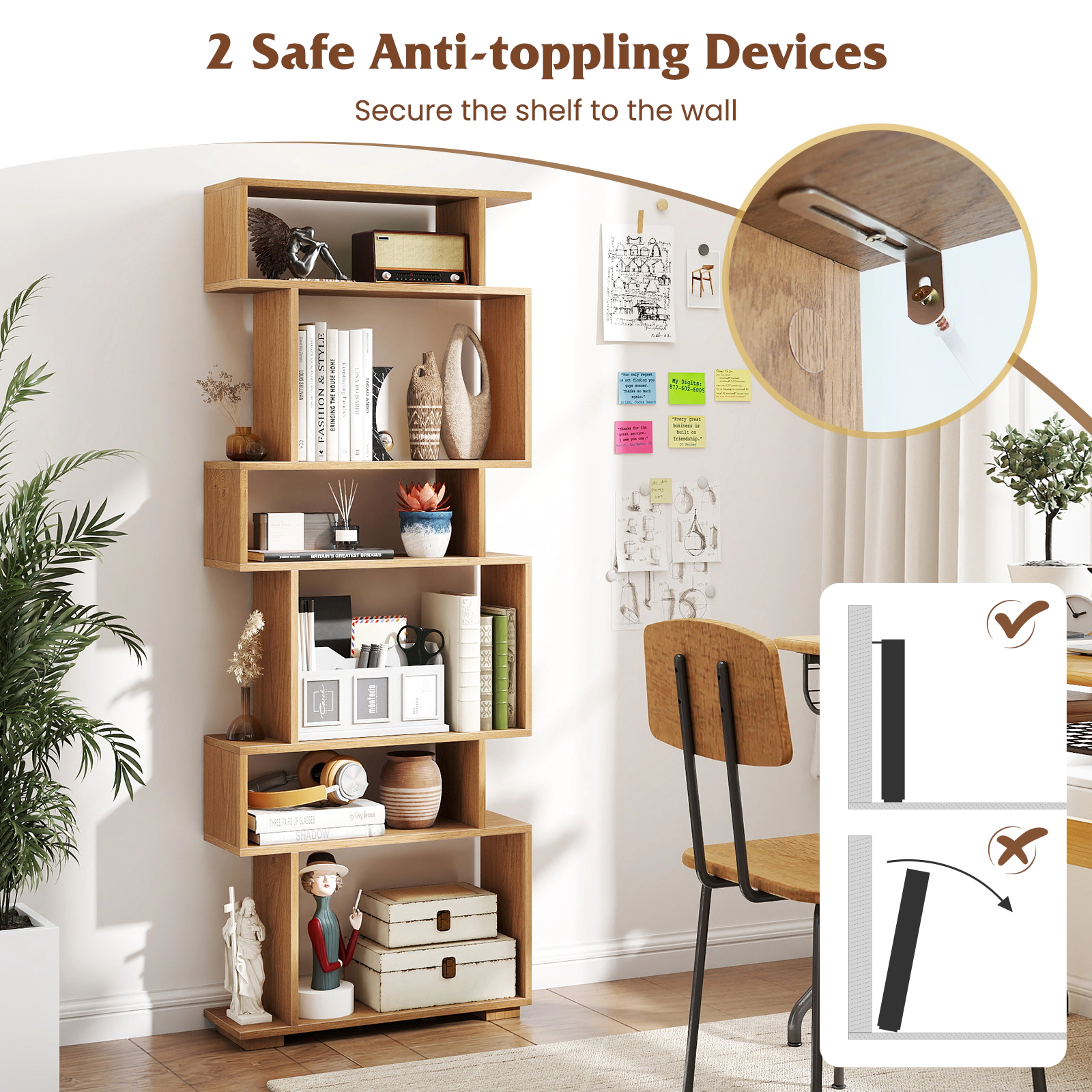 SUGIFT 6-Tier Geometric Bookshelf 22-lb Bottom Capacity with Anti-Tipping Kits Natural for Home Office