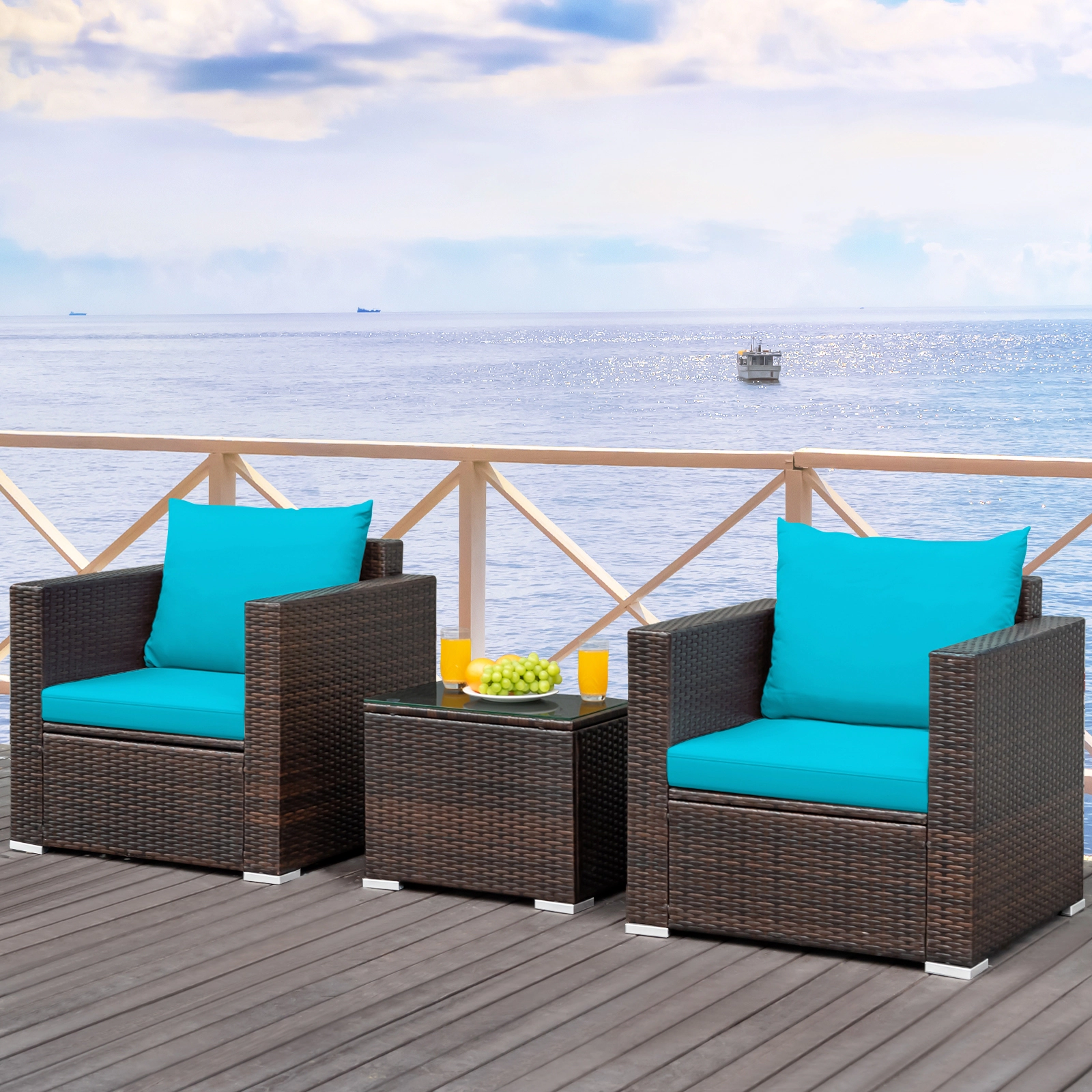 SUGIFT 20 in Glass Top Coffee Table 3-Piece Turquoise Patio Rattan Conversation Set