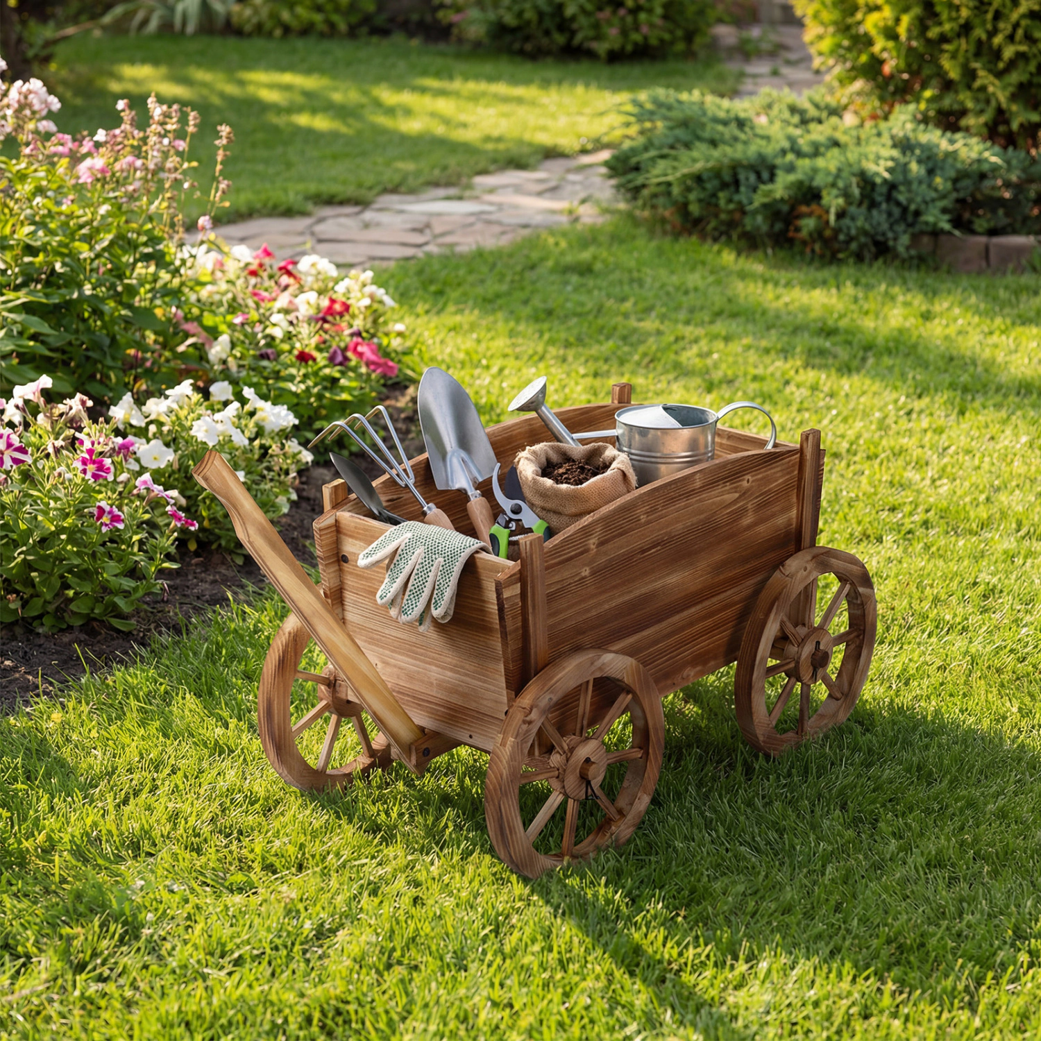SUGIFT Coffee Wood Wagon Planter Stand with 4 Wheels and Handle 30.5-in W 18-in D 28.5-in H 44-lb Planter Capacity