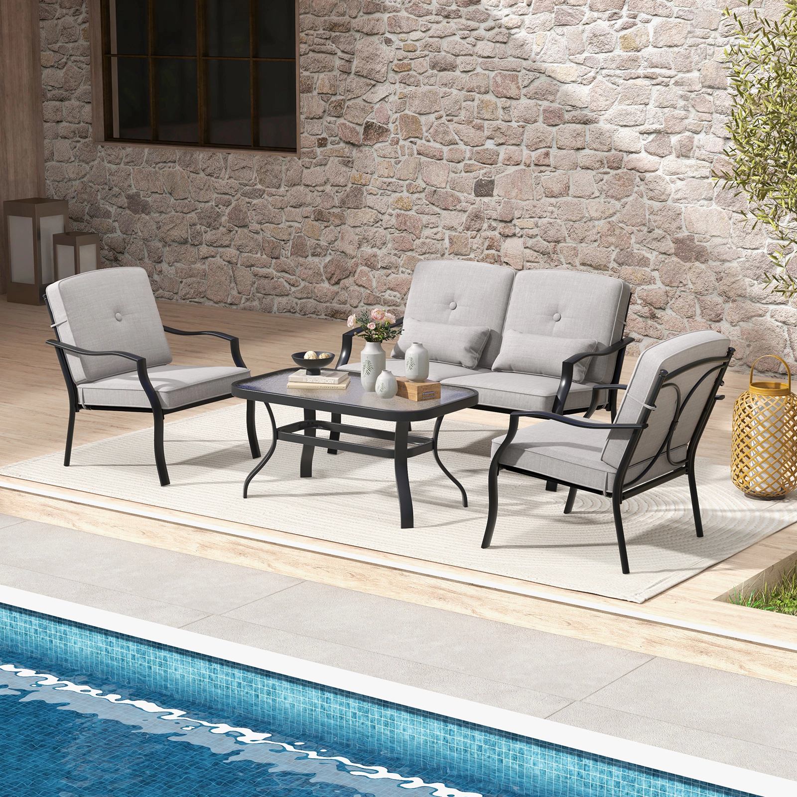 SUGIFT Gray Seat Cushions Waist Pillows and Glass Table 4-Piece Outdoor Conversation Set