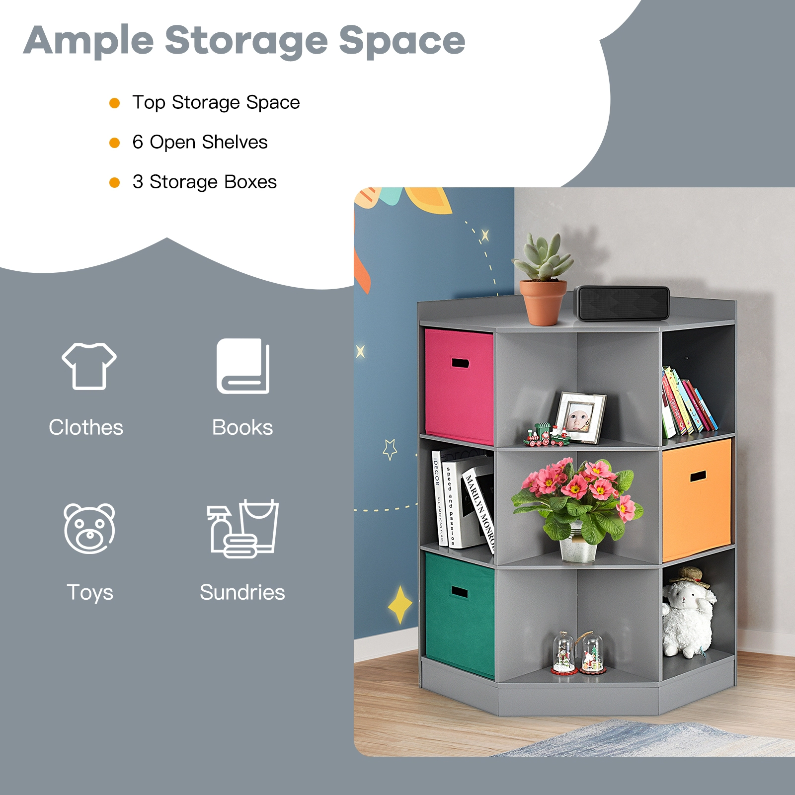 SUGIFT 3-Tier 110-lb Top Corner Kids Storage Shelf and Cabinet with 6 Square Cubes and Triangle Shelves