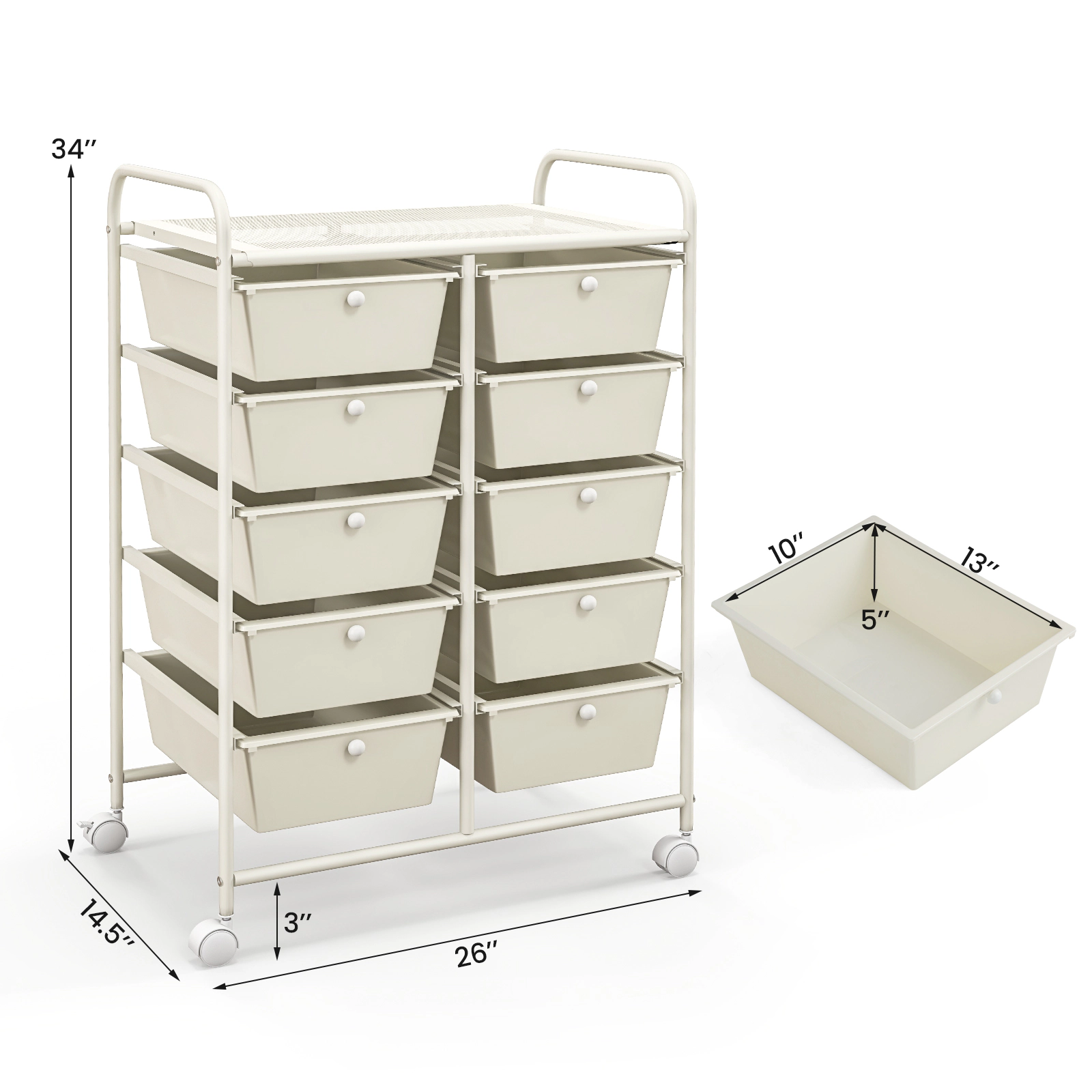 SUGIFT White 10-Drawer Rolling Storage Cart with Uniform 5-in Deep Drawers 26-in W 14.5-in D 34-in H