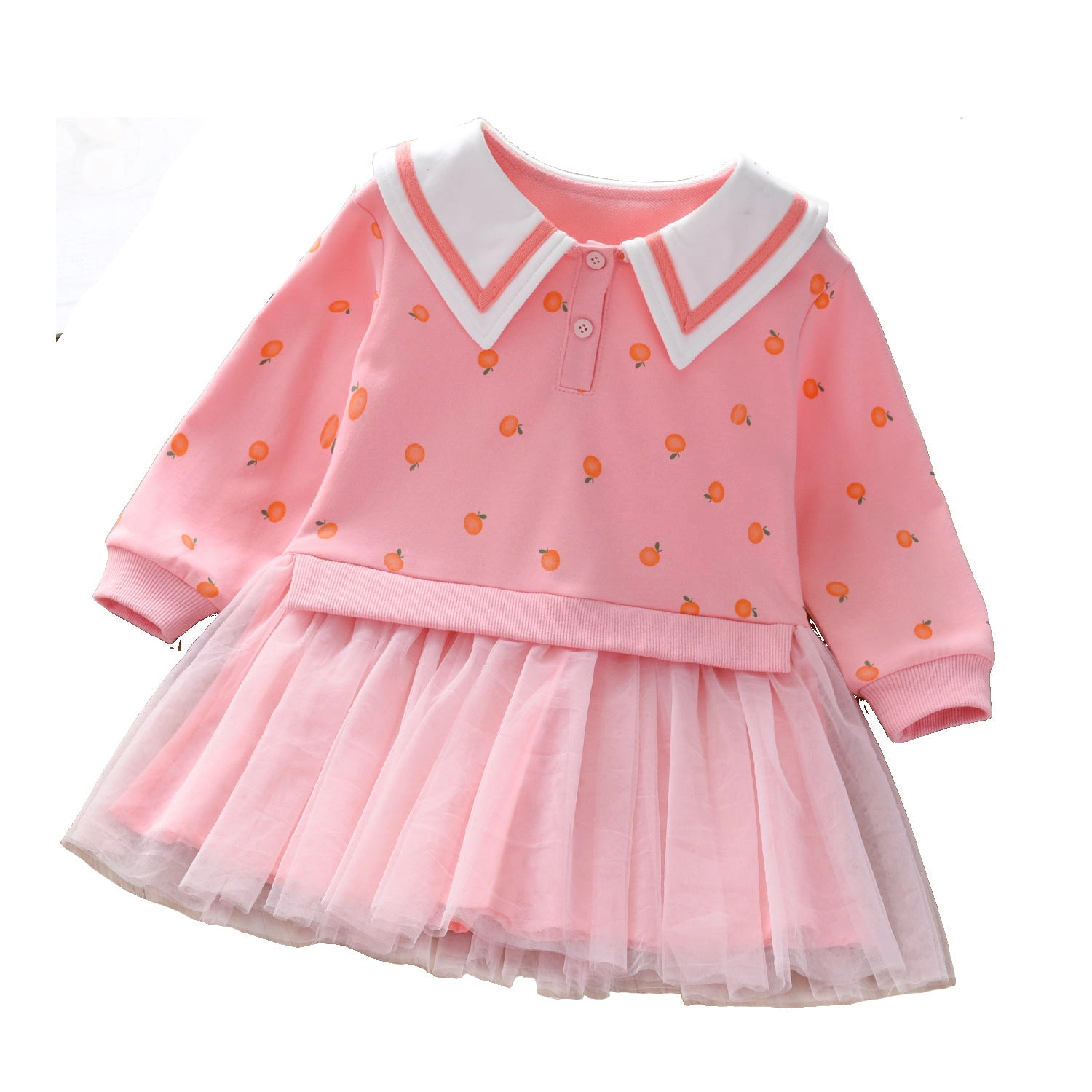 MyKids-USA Baby Girl Fruit Pattern College Style Lapel Design Mesh Patchwork Dress