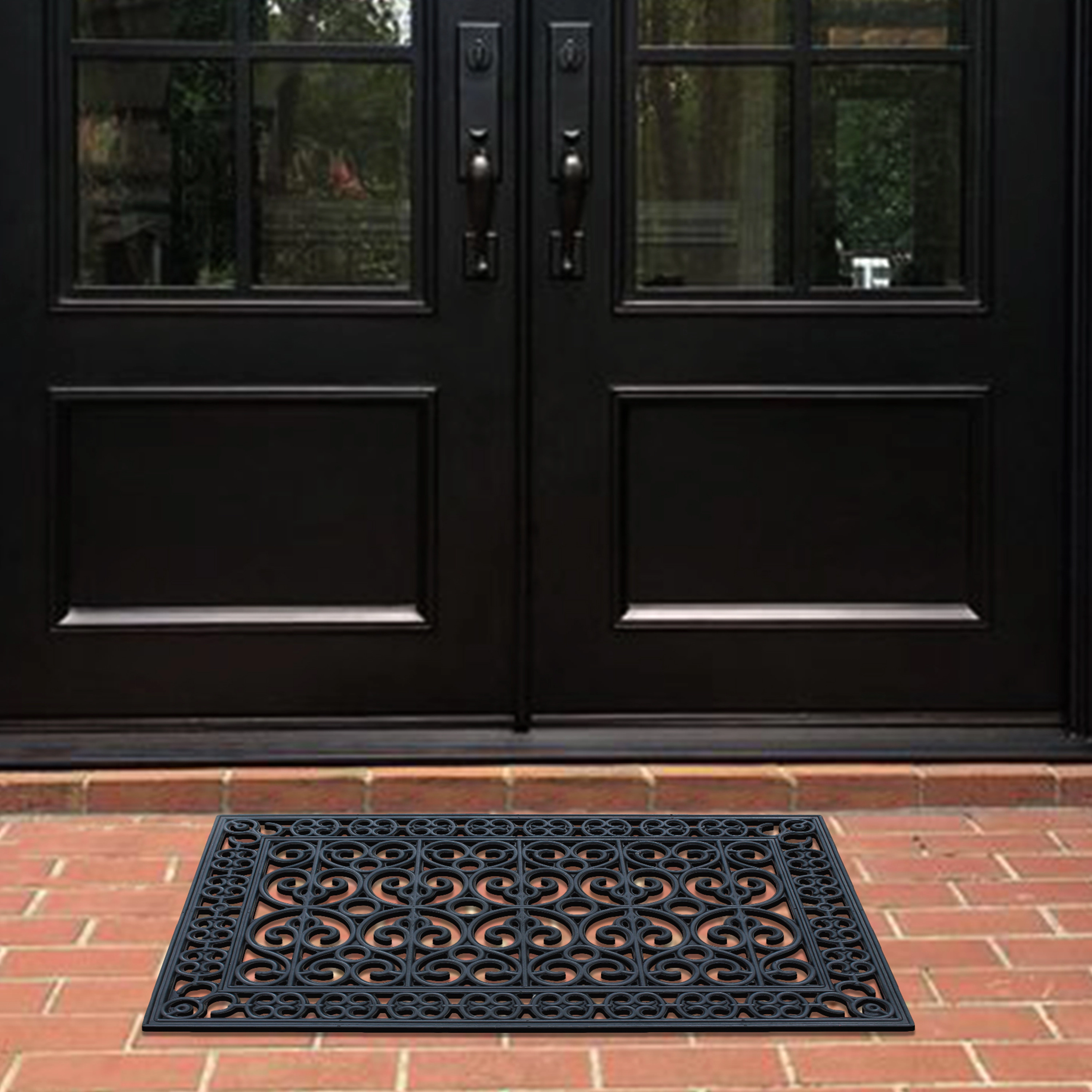 A1 Home Collection 9 lb Heavy Duty Rubber Doormat Non-Slip Outdoor Dirt Scraper Mat, Black Paisley, 24 x 36 Inches