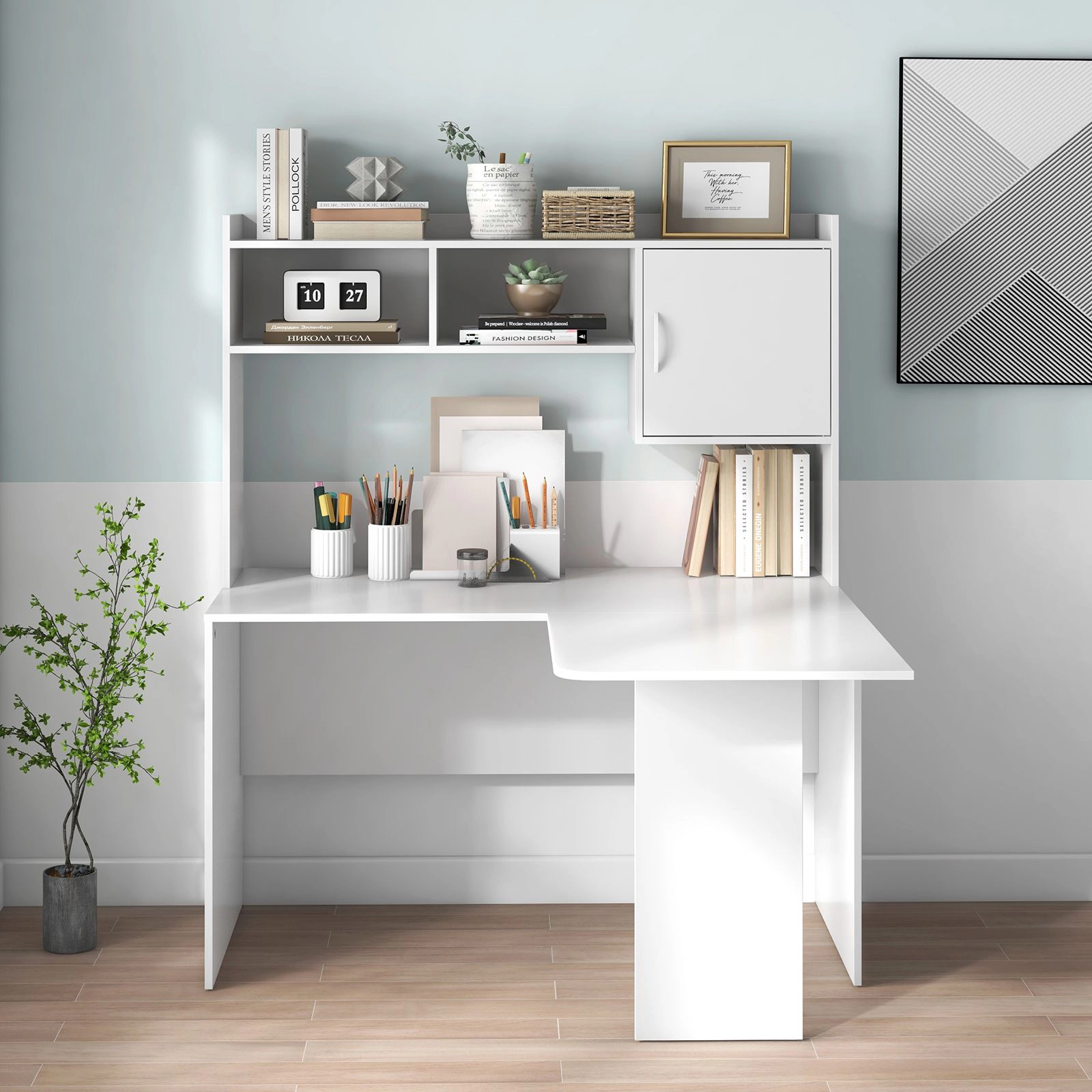 SlickBlue L-Shaped Computer Desk with Raised Hutch and Shelves