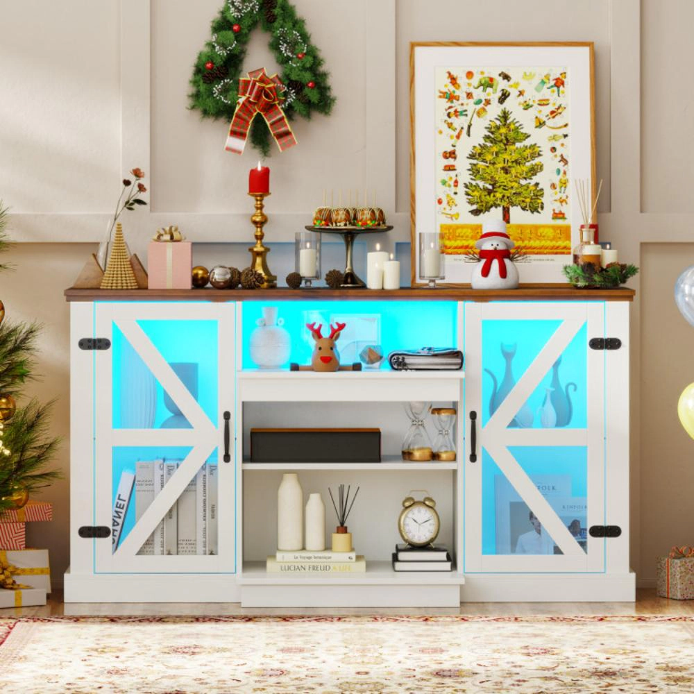 Hivvago 59 Inches Media Console Table With 3-Level Shelves And 22 Dynamic Modes-White
