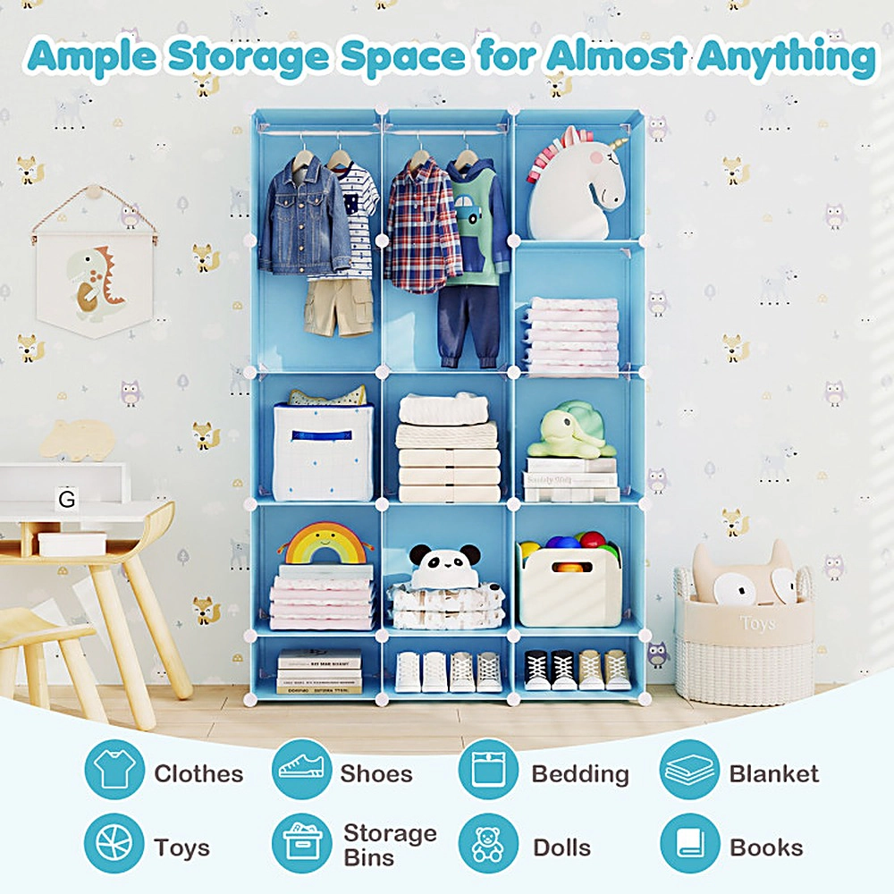 SUGIFT Modular 13-Cube Baby Wardrobe Storage Organizer with Hanging Rod and Shelves 6.5-lb Cube Capacity Stackable Blue