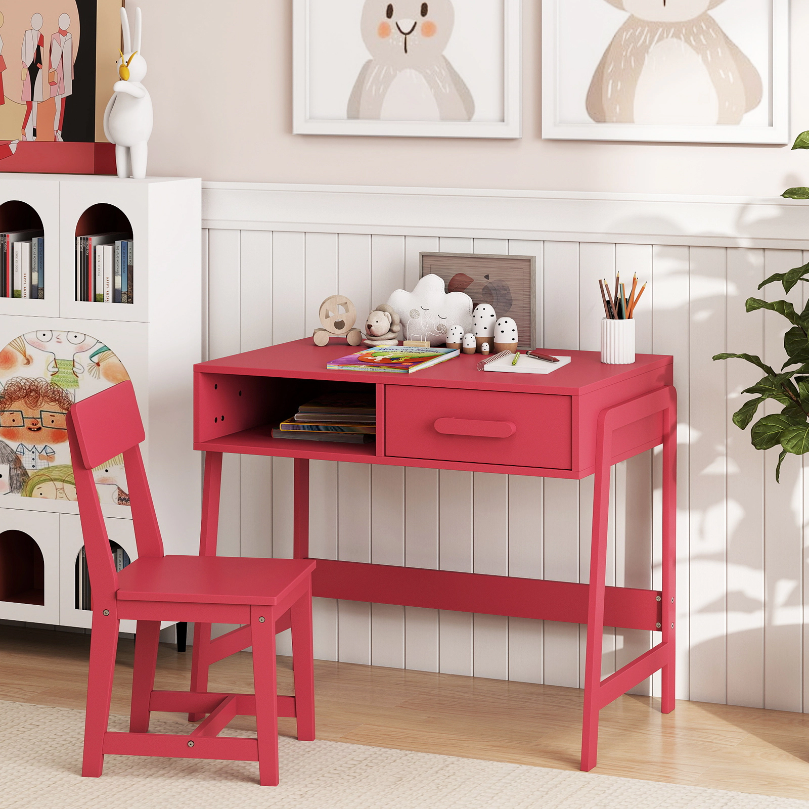 SUGIFT Kids Desk and Chair Set, 33.5 in Study Table with Hutch, Drawer, Pink