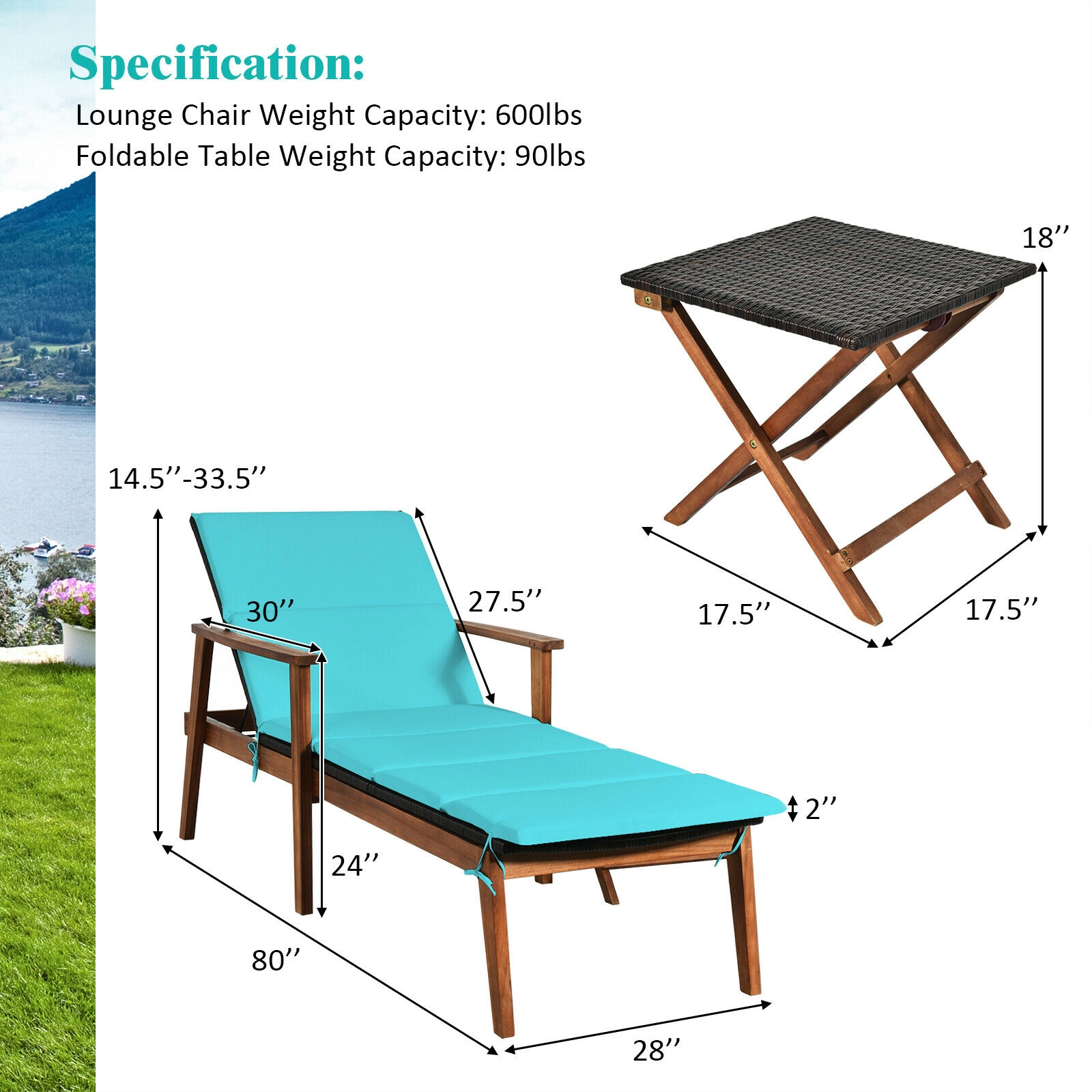 SUGIFT 3-Piece Cushioned Rattan Lounge Chair Conversation Set with Folding Side Table 600-lb Chair Capacity Turquoise