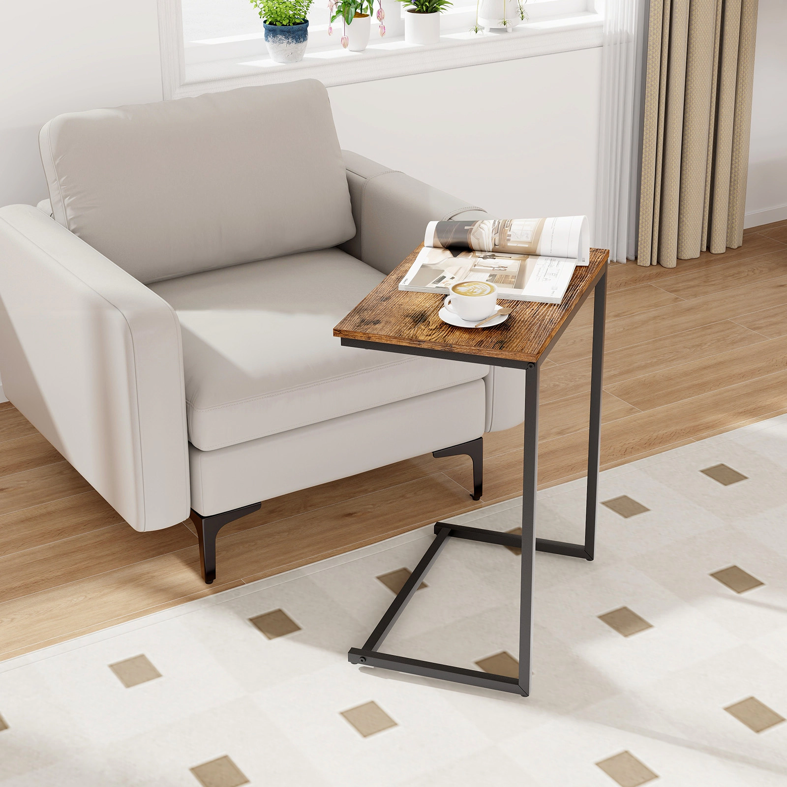SUGIFT C-shaped Industrial End Table with Metal Frame 45-lb Capacity Rustic Brown/Black