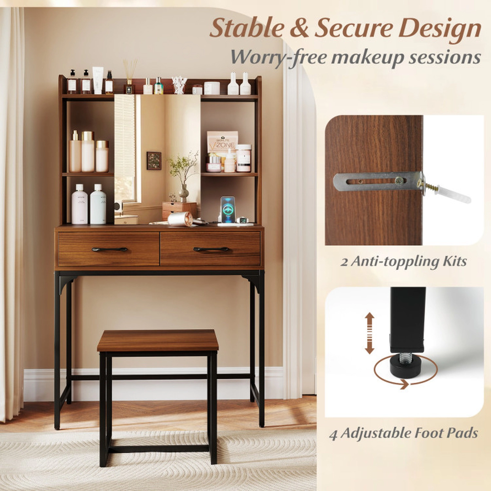 SUGIFT Vanity Desk Mirrored Cabinet, Storage Drawers & Charging Station 44-lb Tabletop Capacity with Stool White/Walnut