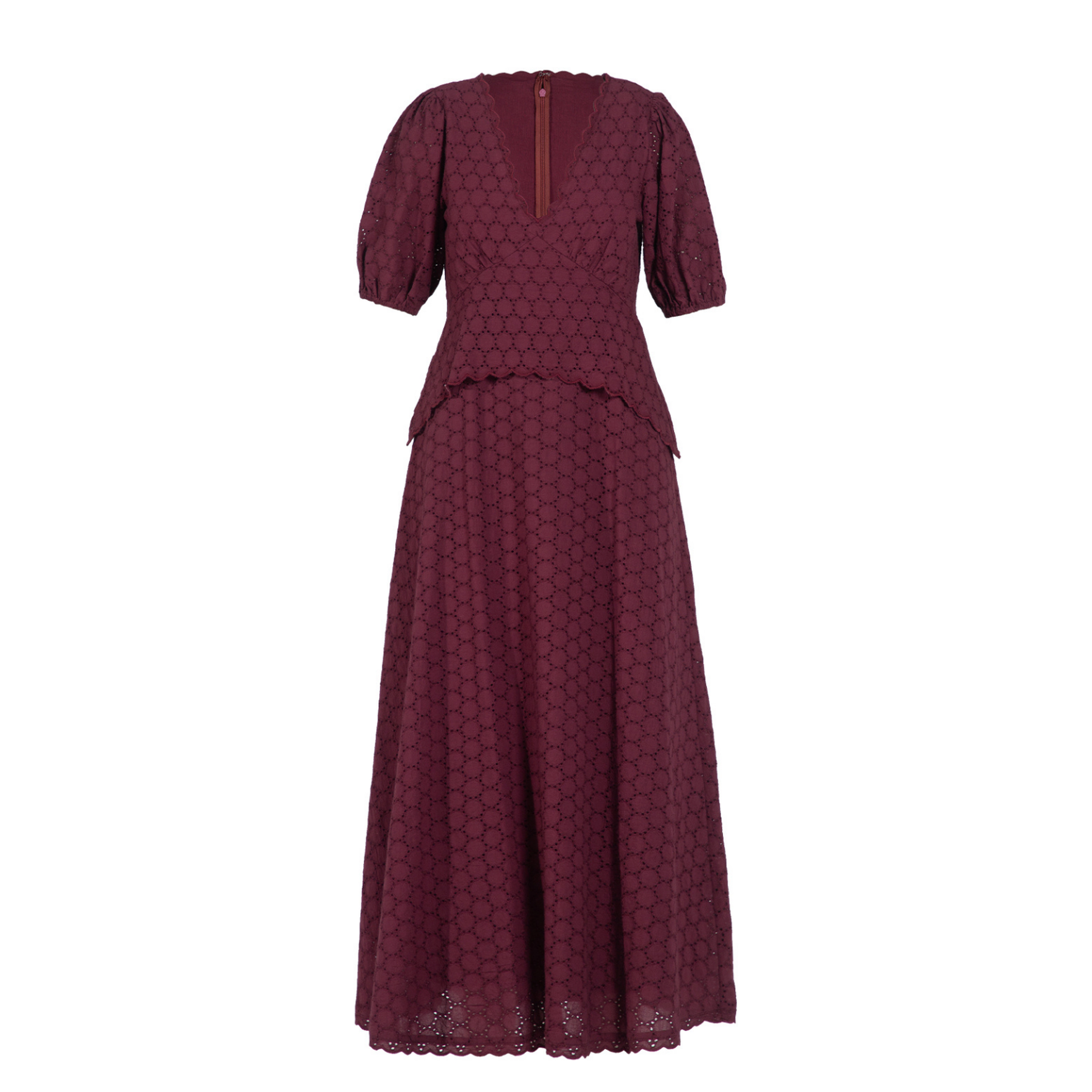 Rose & Nancy Women's Holly Burgundy Embroidered Lace Cotton Midi Dress