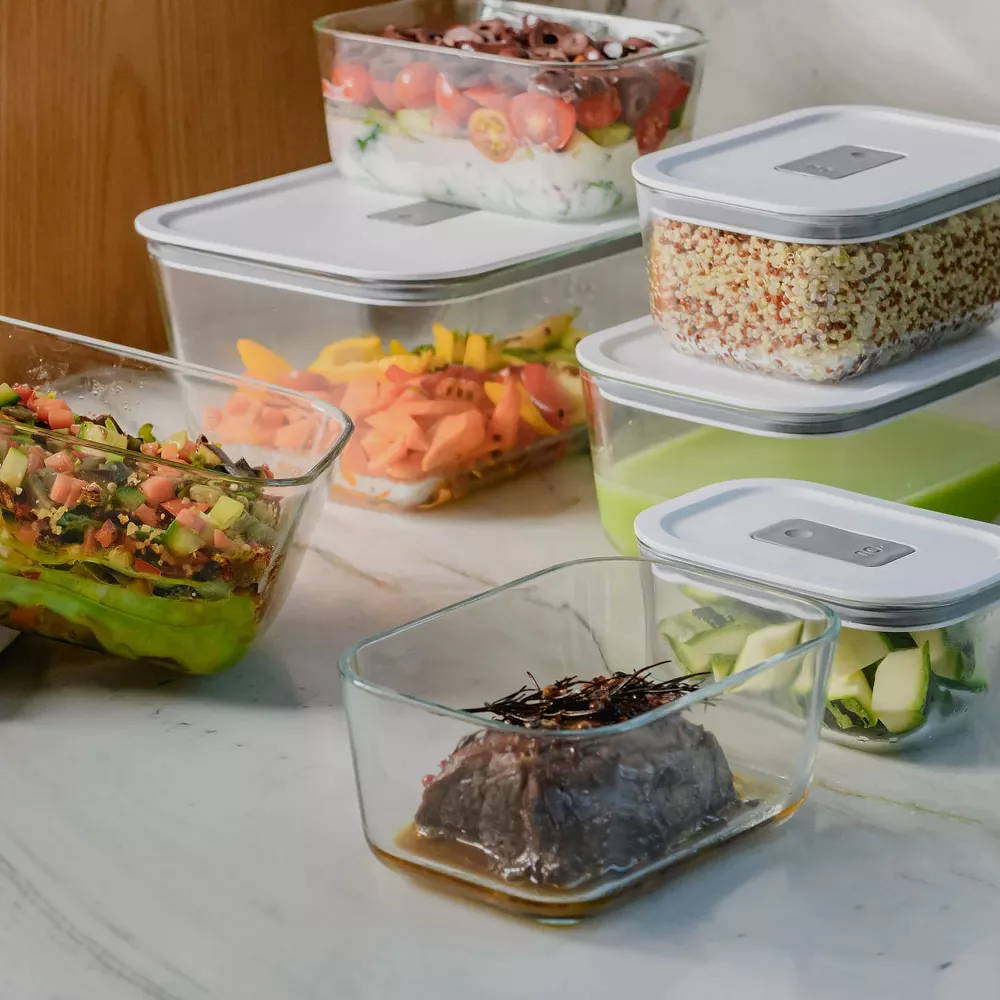 OU Glass Food Storage Container Set 4pc, Airtight Leak Proof Lids w/ Microwave Valve, Microwave Freezer Dishwasher Safe