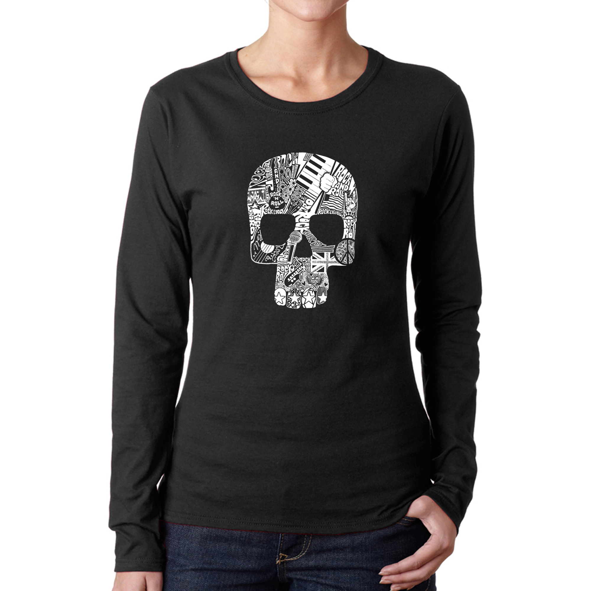 LA Pop Art Women's Word Long Sleeve T-Shirt - Rock n Roll Skull