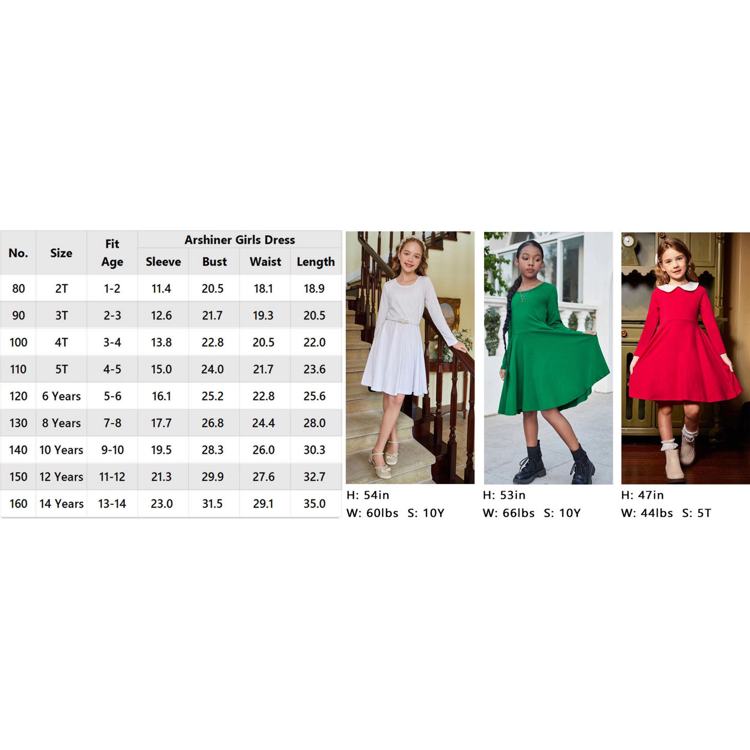 Arshiner Girls Long Sleeve Stretchy Dress A Line Twirly Skater School Party
