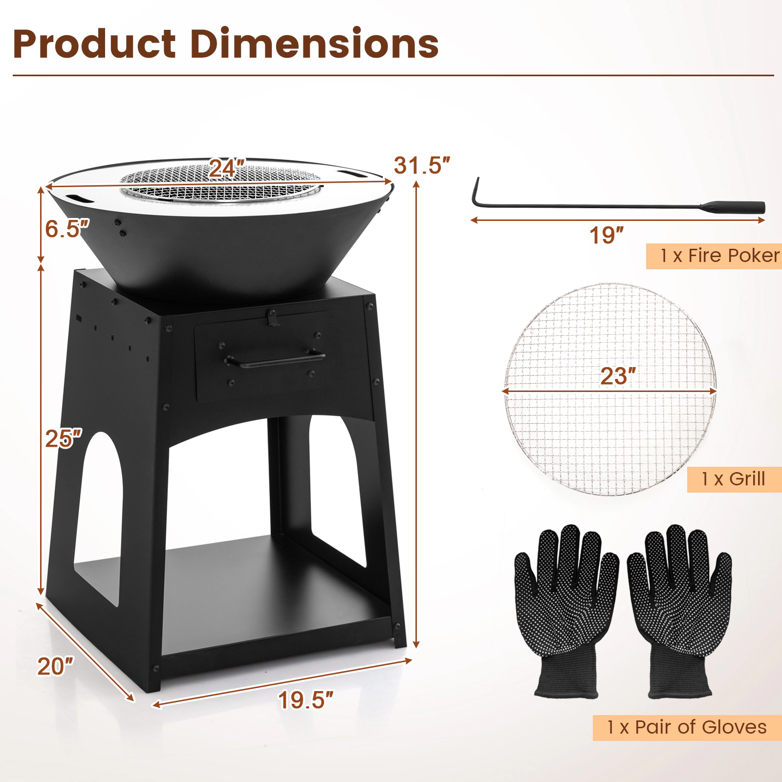SUGIFT 23-In Wood-Burning Outdoor Fire Pit with Grill, Log Rack, Ash Box and Poker