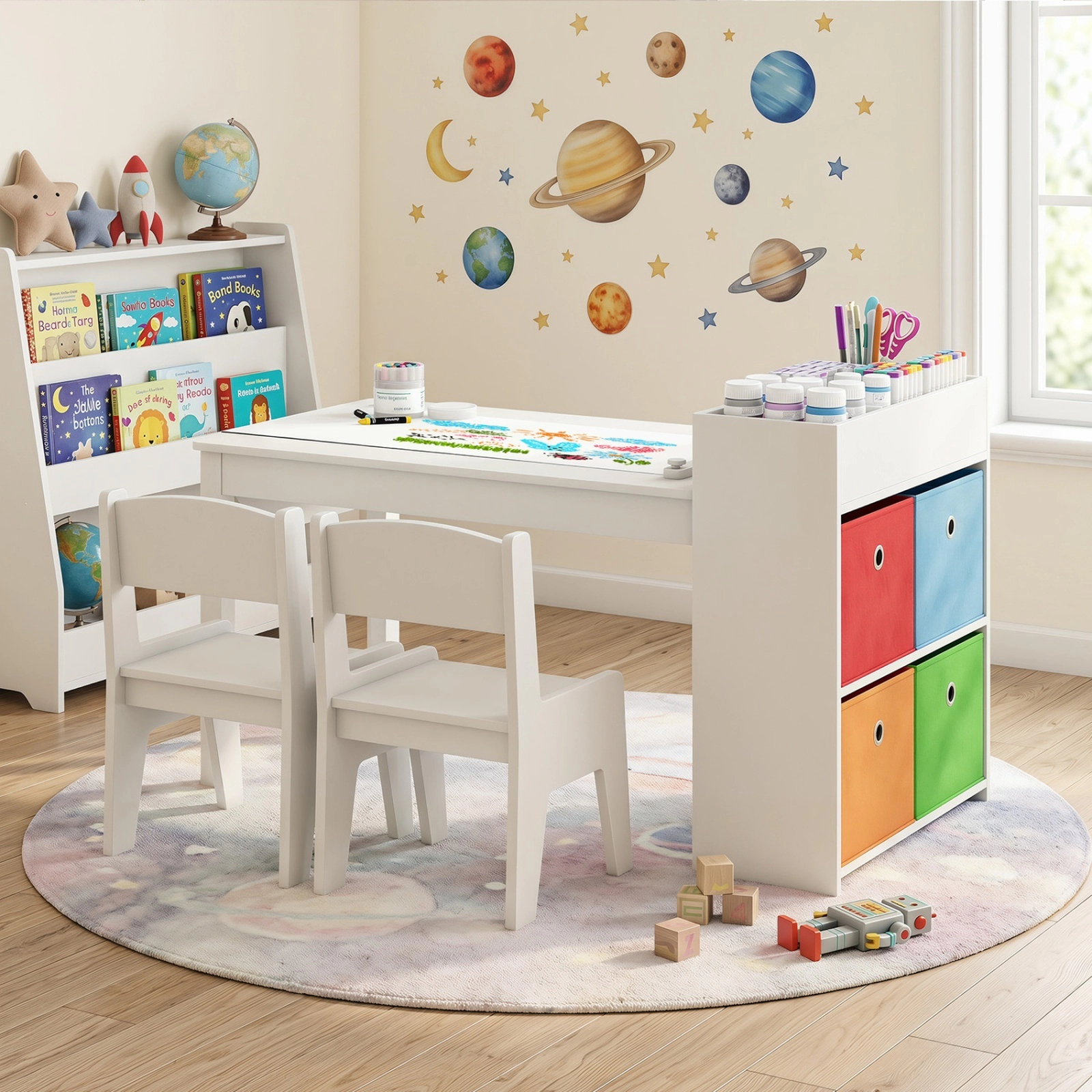 SUGIFT Kids Craft Table and 2 Chairs, White Activity Desk with Paper Roll Rack