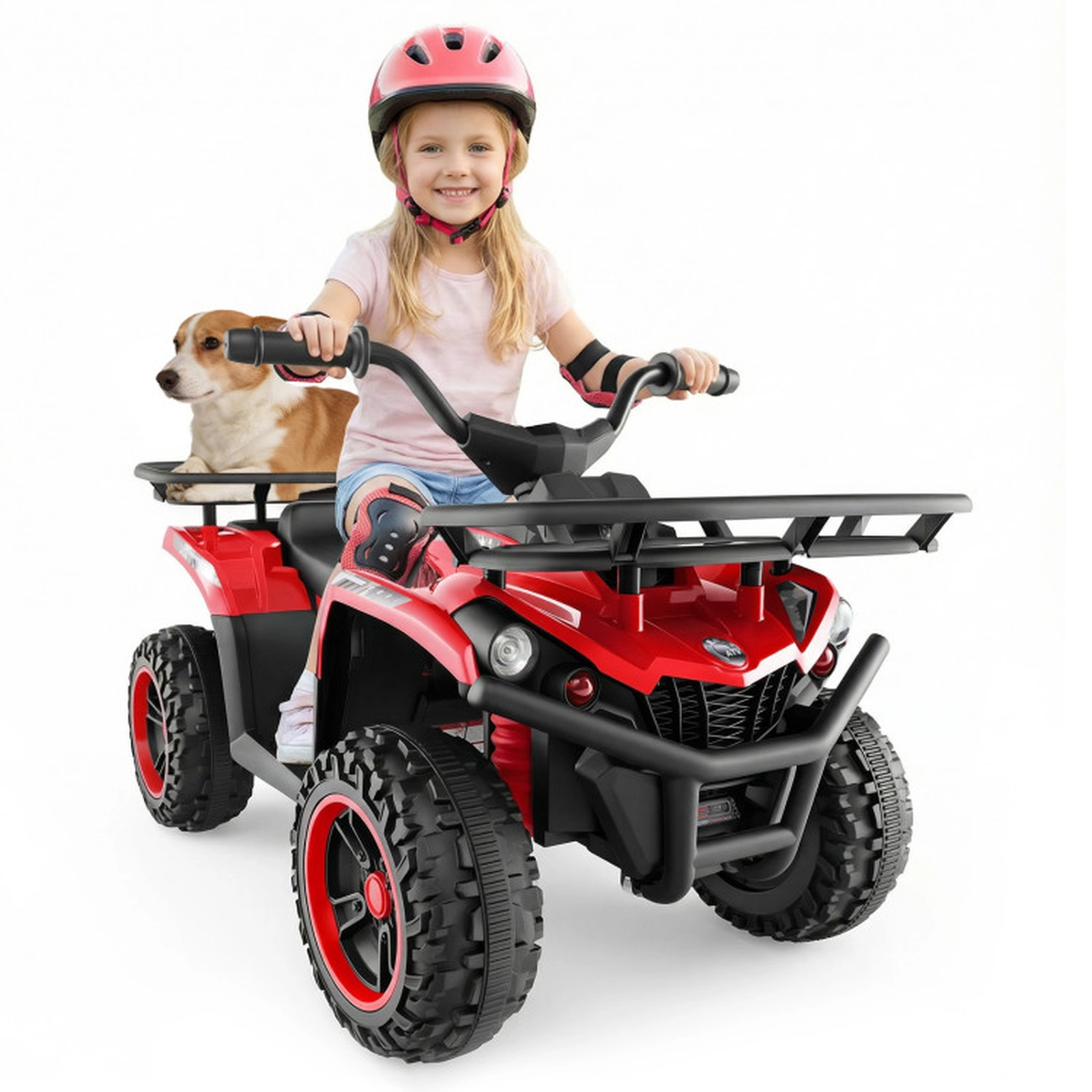 SUGIFT 24V 66-lb Capacity Red Kids Ride On ATV Quad with Dual 35W Motors 2-Speed Shifter and LED Headlights