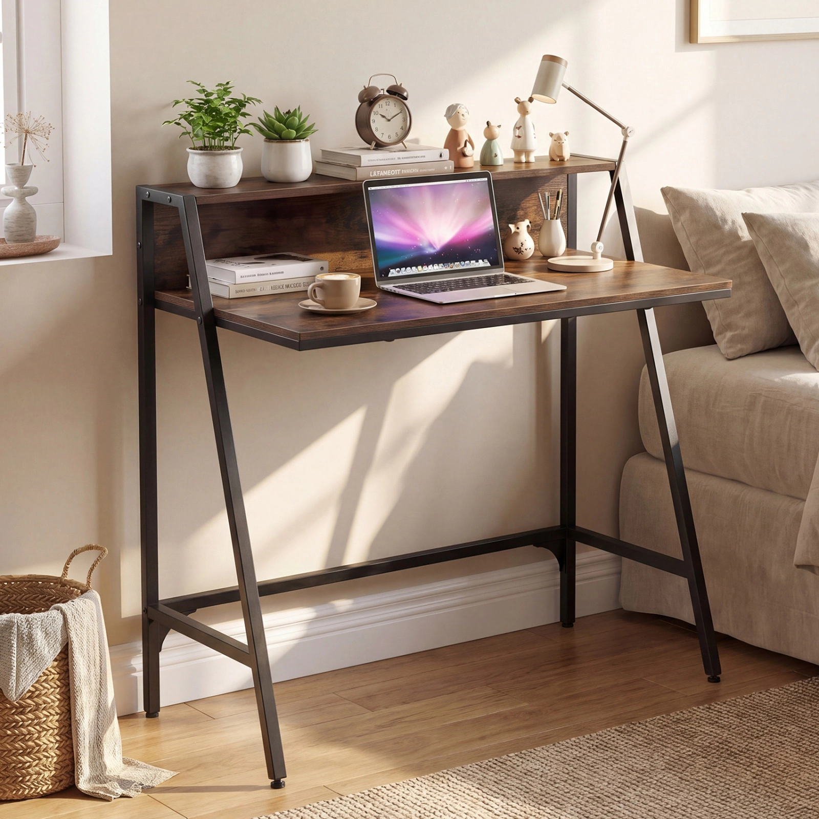 SUGIFT Rustic Brown Raised Storage Shelf and Metal Frame 31.5 Inch Industrial Writing Desk