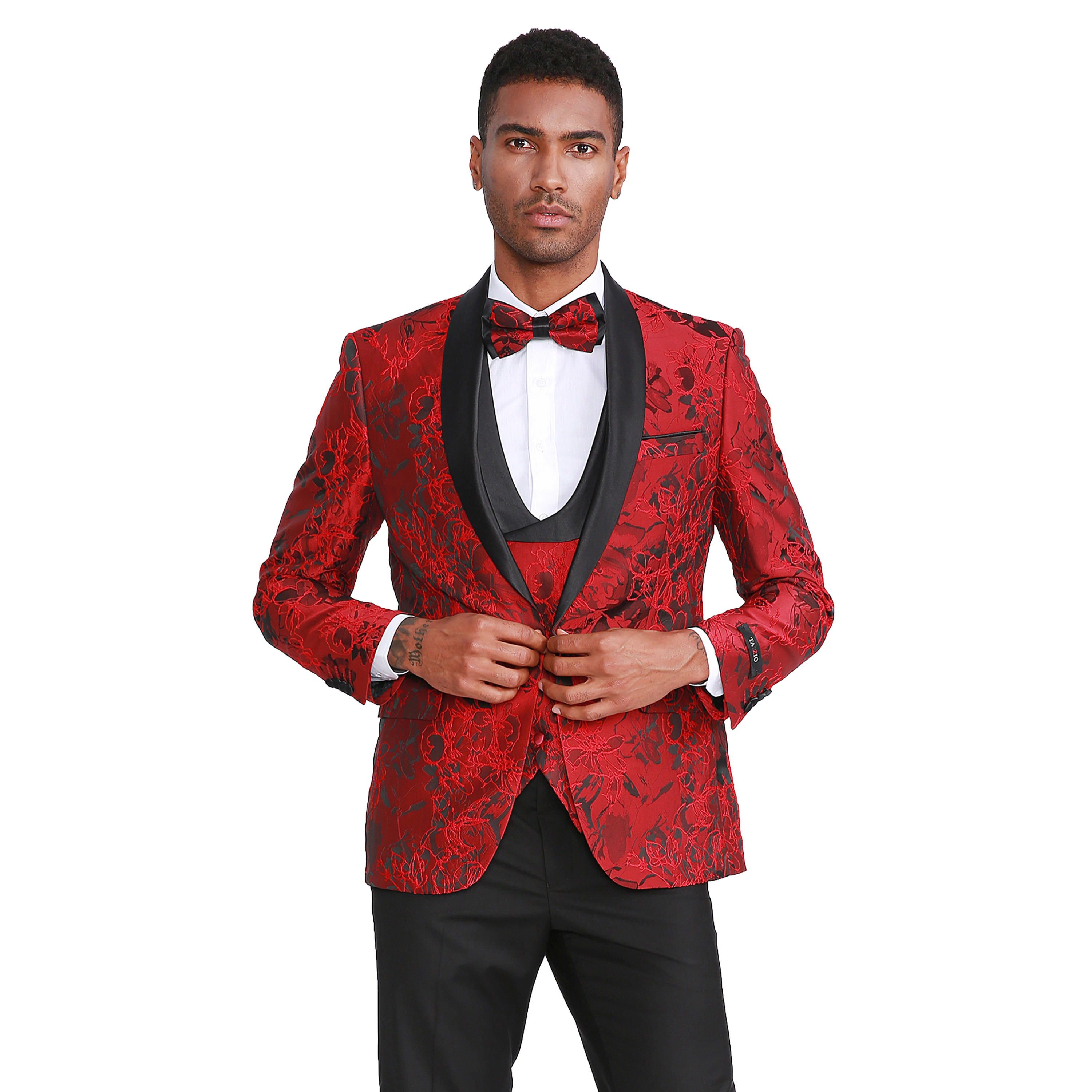 Tazzio Mens Skinny Fit Floral Jacquard Fashion 3pc Suit Set With Bowtie