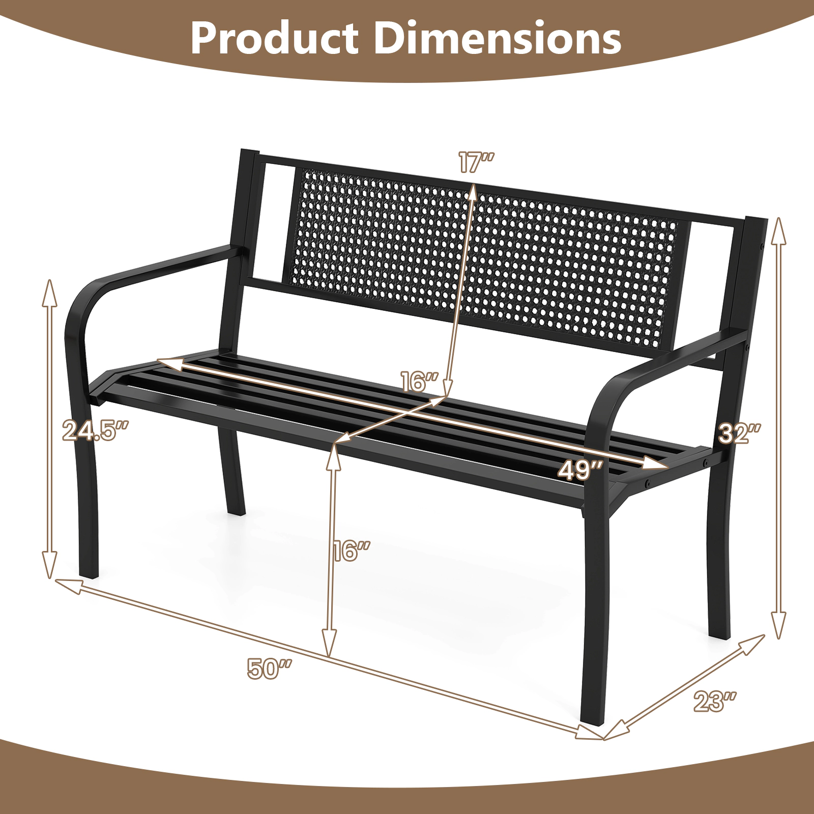 SUGIFT 50-Inch Black Metal Outdoor Garden Bench with Patterned Back and Curved Armrests