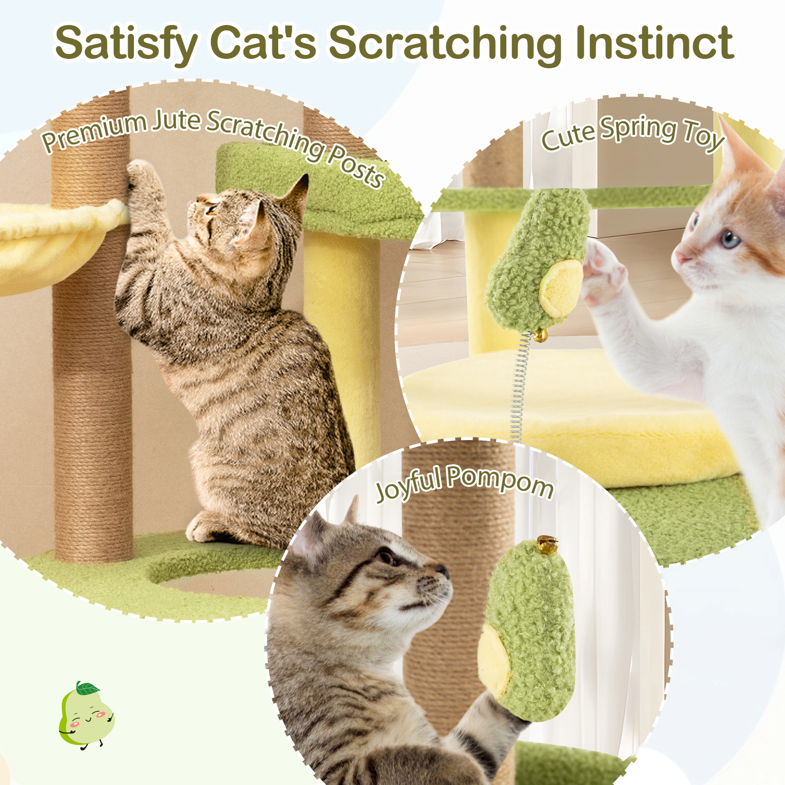SUGIFT Multi-level Avocado Theme Cat Tree Tower with Wide Perch and Rotatable Basket 51-in Tall Multi-color Green
