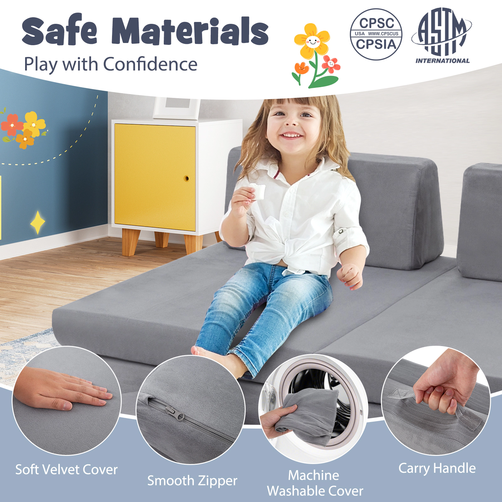 SUGIFT 6-Piece Modular Kids Foam Play Couch Chair Set with Washable Velvet Covers 50.5-in Wide Ages 3+ Gray