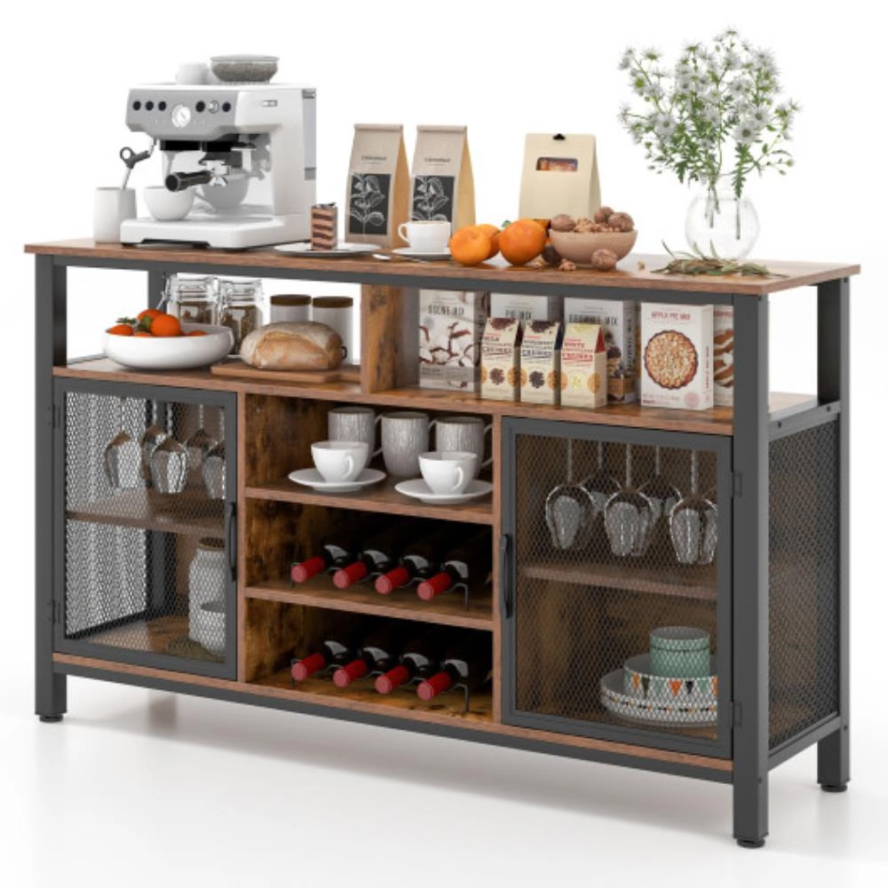 Hivvago 55-Inch Buffet Sideboard With 8-Bottle Wine Racks And Wine Glass Holders-Rustic Brown
