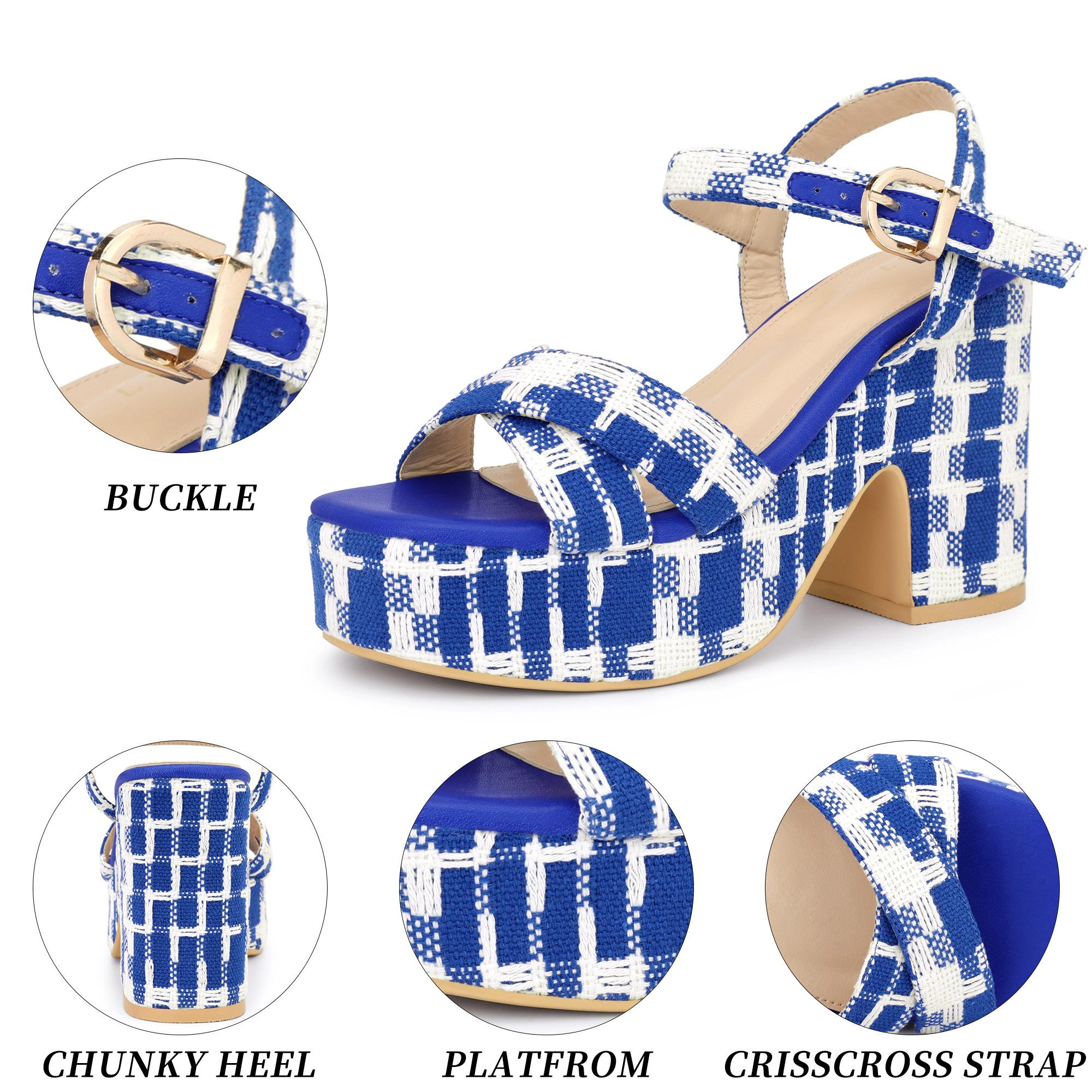 BLISSFUL STEP Women's Plaid Platform Chunky Heel Square Toe Ankle Strap Sandals