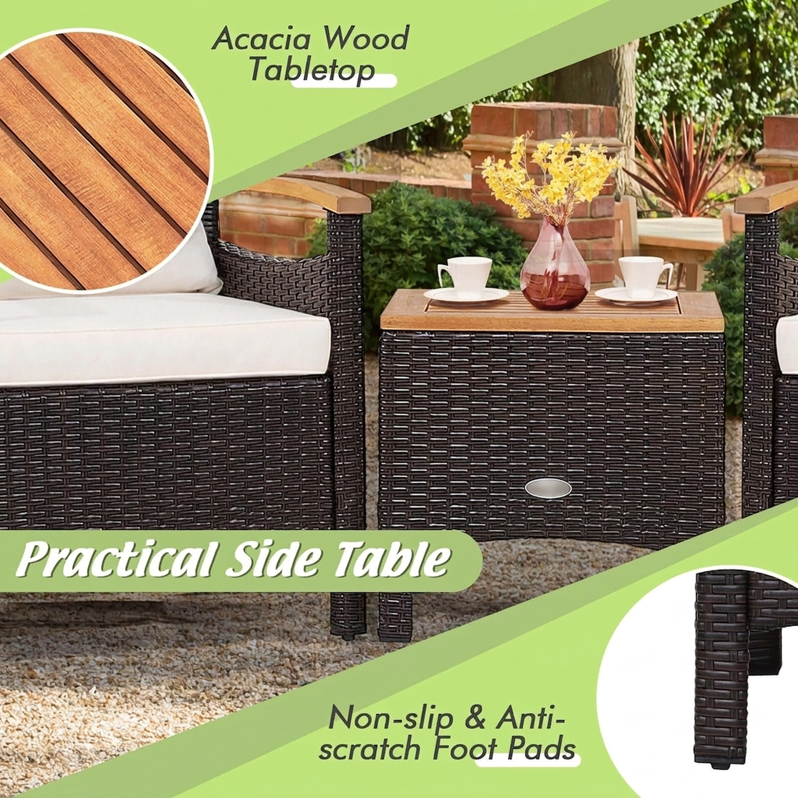SUGIFT Patio Rattan Conversation Set Acacia Wood Table 350-lb Sofa Capacity Mix Brown Rattan Off White/Navy Cushions
