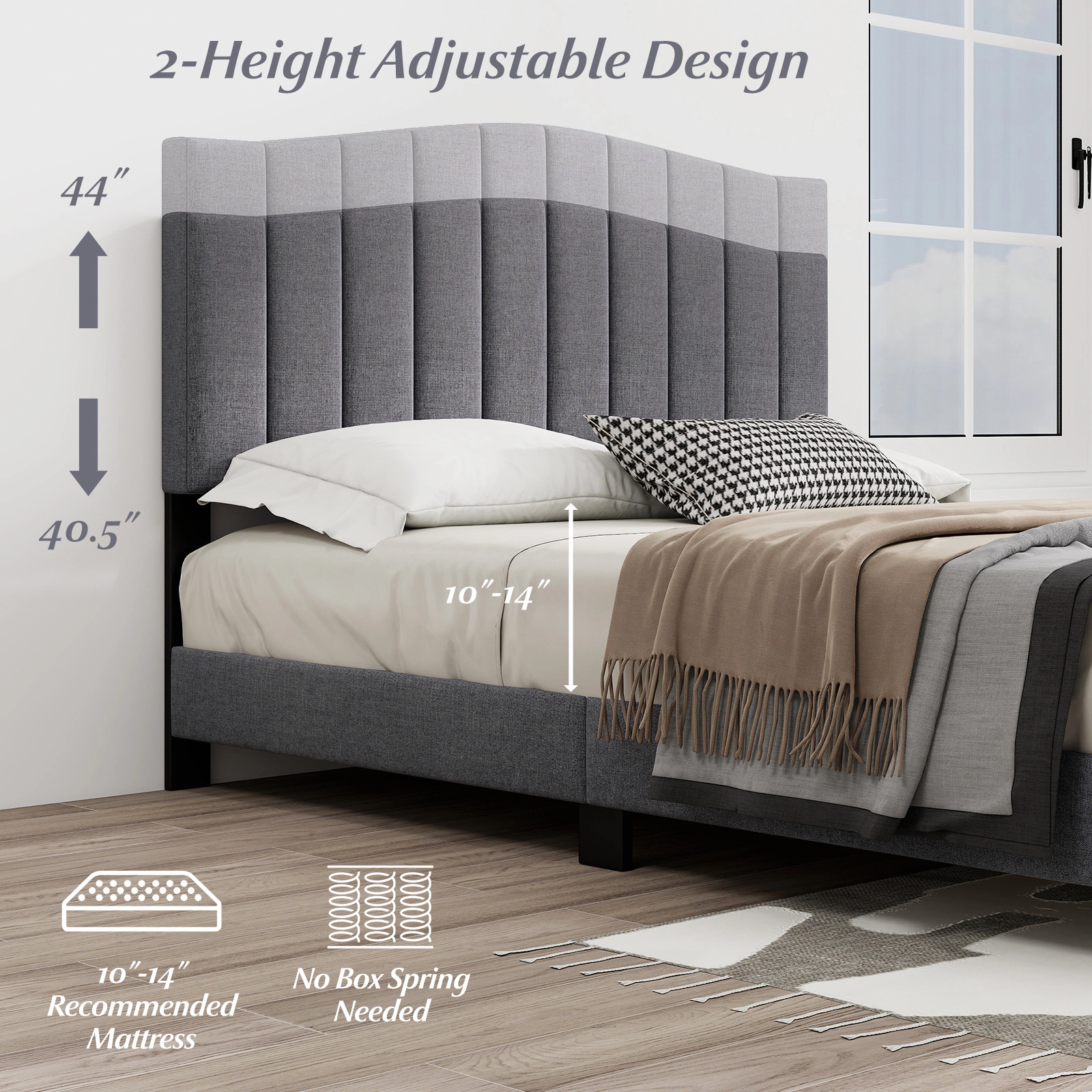 SUGIFT Modern Upholstered Queen Bed Frame with Adjustable Vertical Channel Tufted Headboard 770-lb Capacity Gray + Black