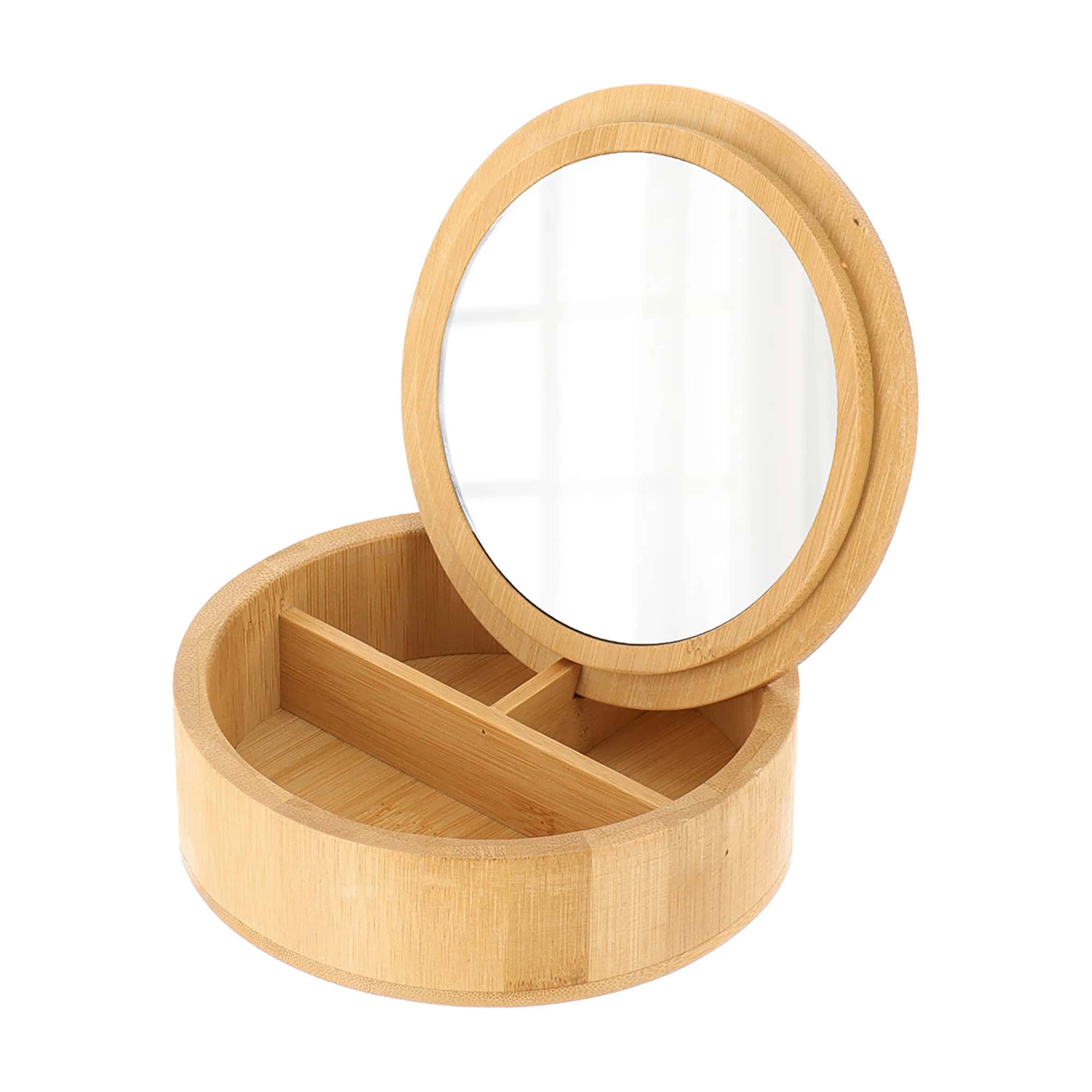 Evideco French Home Goods Round Bamboo Jewelry Box with Mirror, 3 Compartments