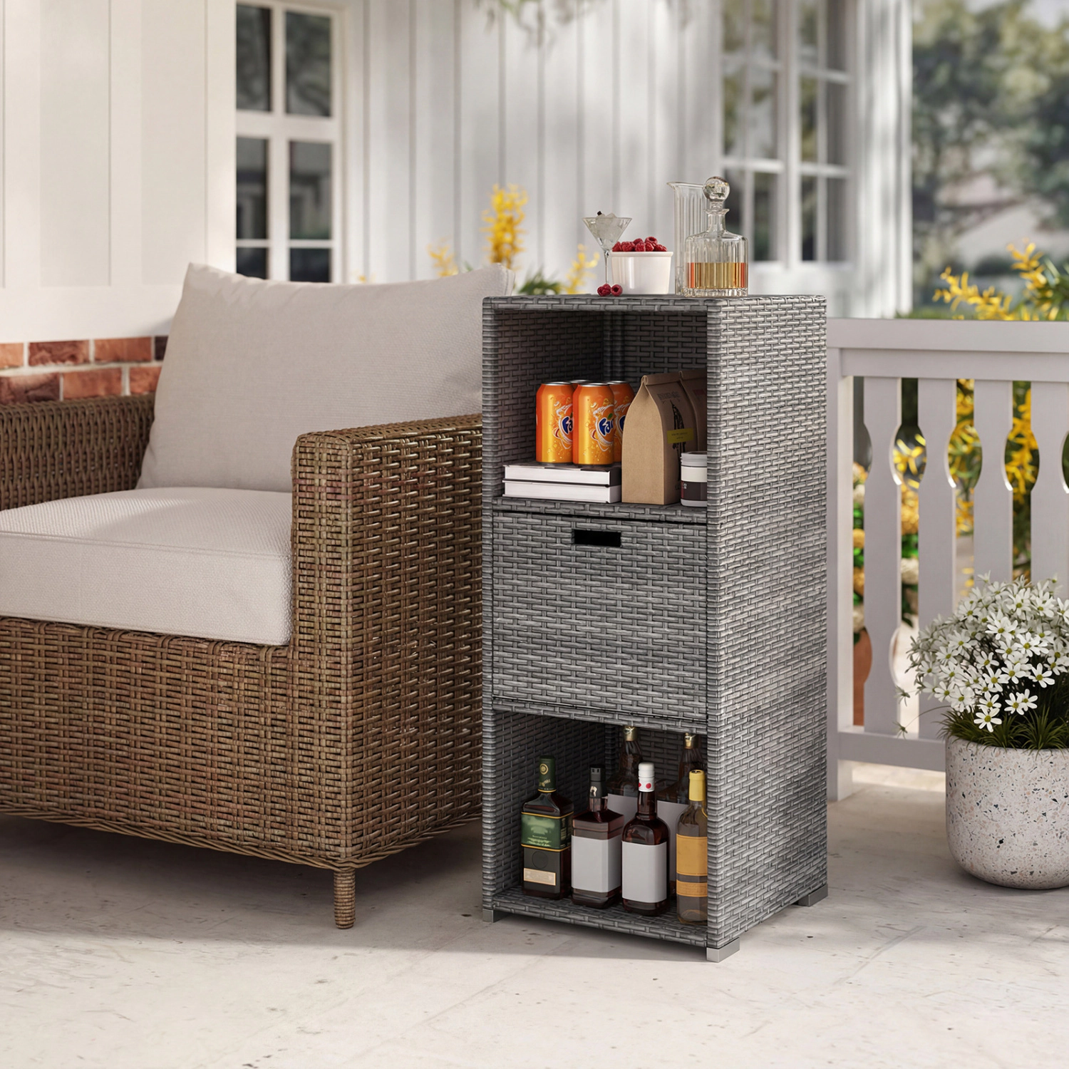 SUGIFT Hand-Woven PE Rattan Outdoor Storage Cabinet Removable Drawer 3 Shelves 43-in Tall 19.5-in Wide 27.5-lb Gray