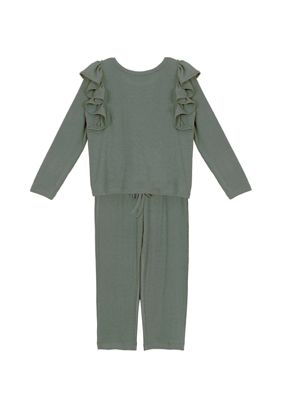Mabel and Honey Perennial Knit 2-Piece Toddler Set - Ruffle Top Drawstring Pant, Green