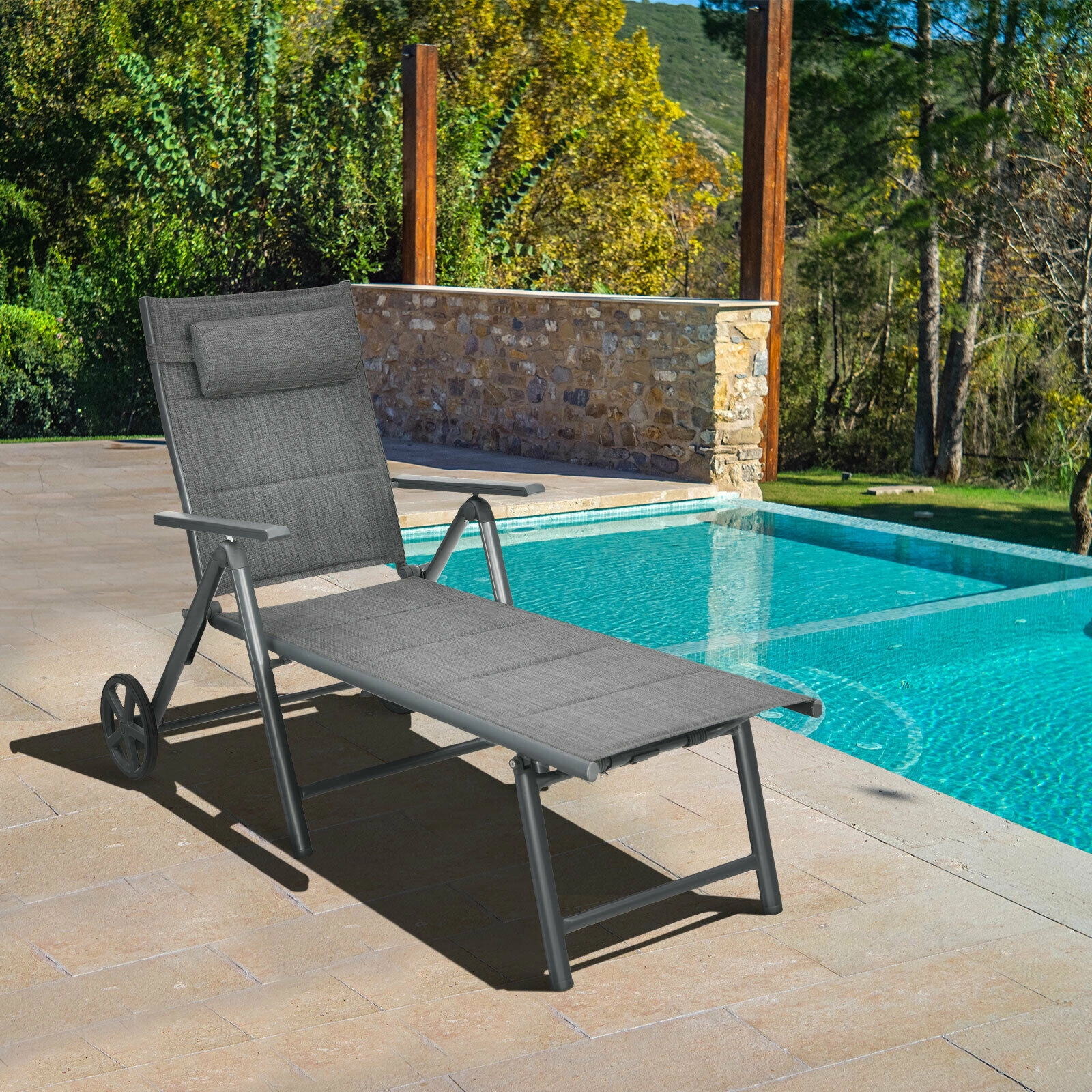 SUGIFT Adjustable Aluminum Patio Reclining Chaise Lounge Chair with Wheels 330-lb Capacity Gray