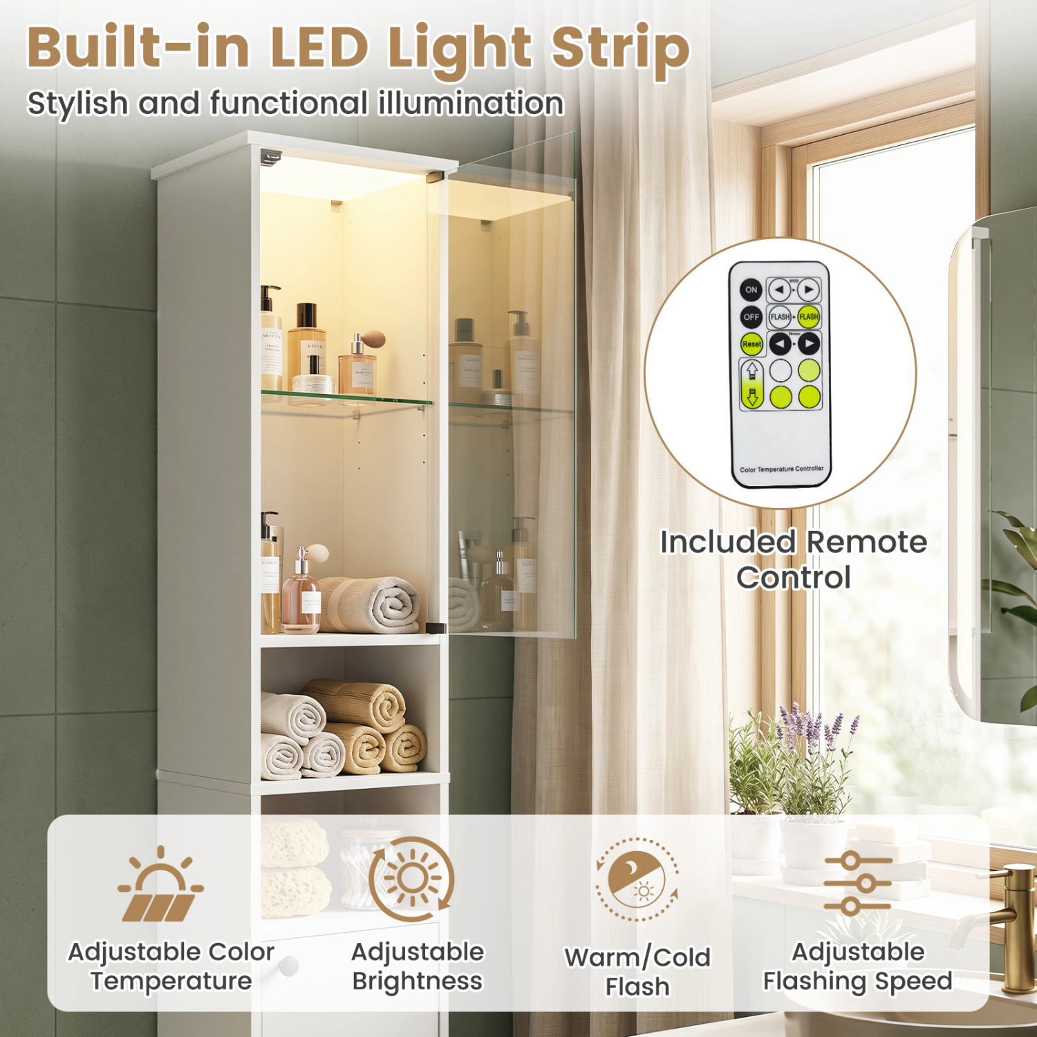 SlickBlue LED Bathroom Cabinet with Glass Door and Adjustable Shelves