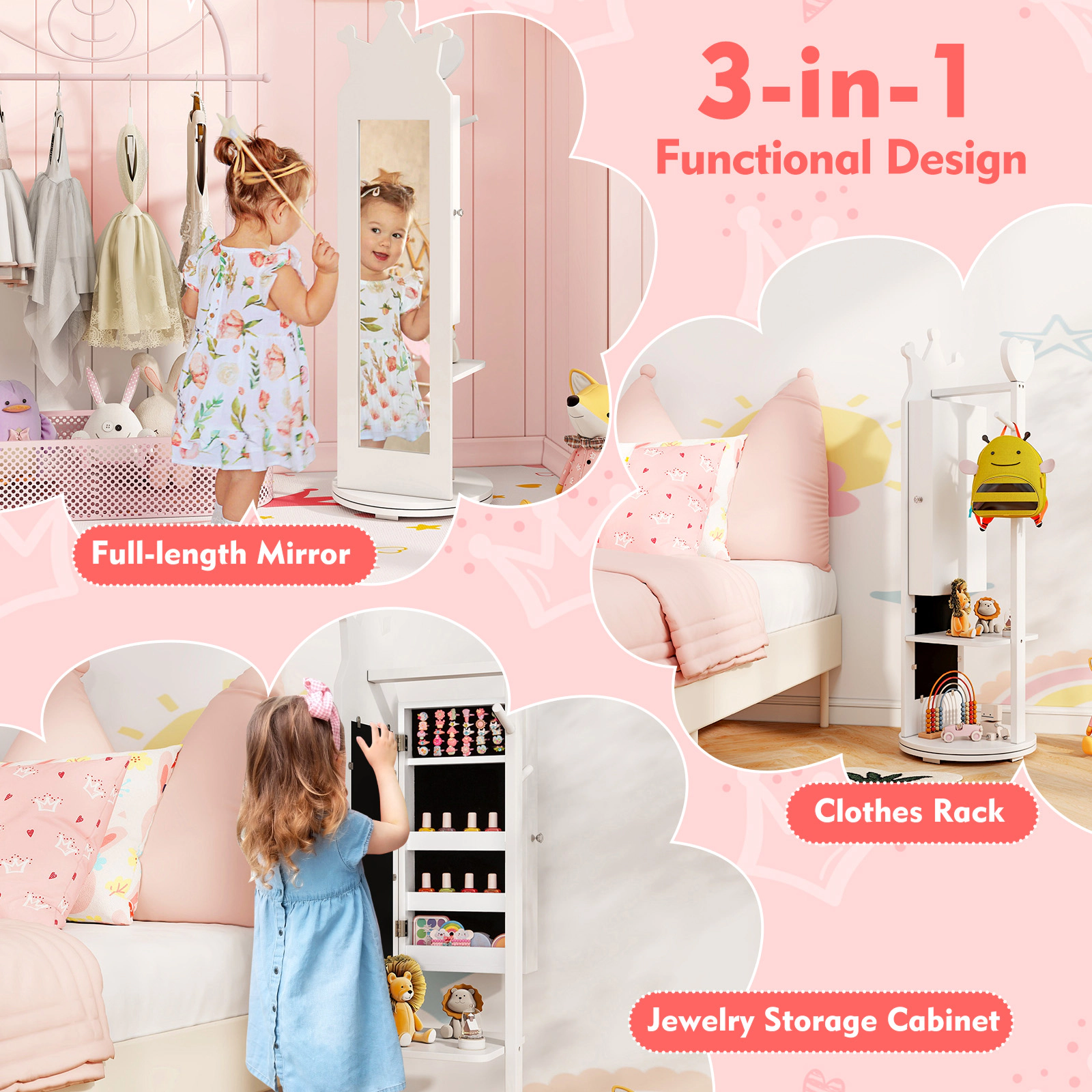 SUGIFT Free-Standing Full Length Mirror Kids Jewelry Armoire Cabinet 44-in Tall Vanities Storage 14 x 14 in Base White