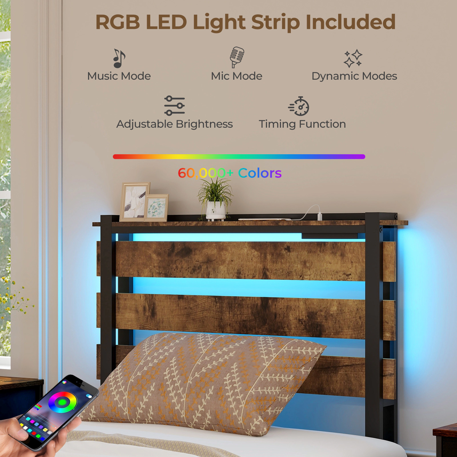 SUGIFT Bed Frame with Drawers LED Lights & USB Ports 1000-Lb Capacity Twin Size 75 x 39 in Sleeping Surface Rustic Brown