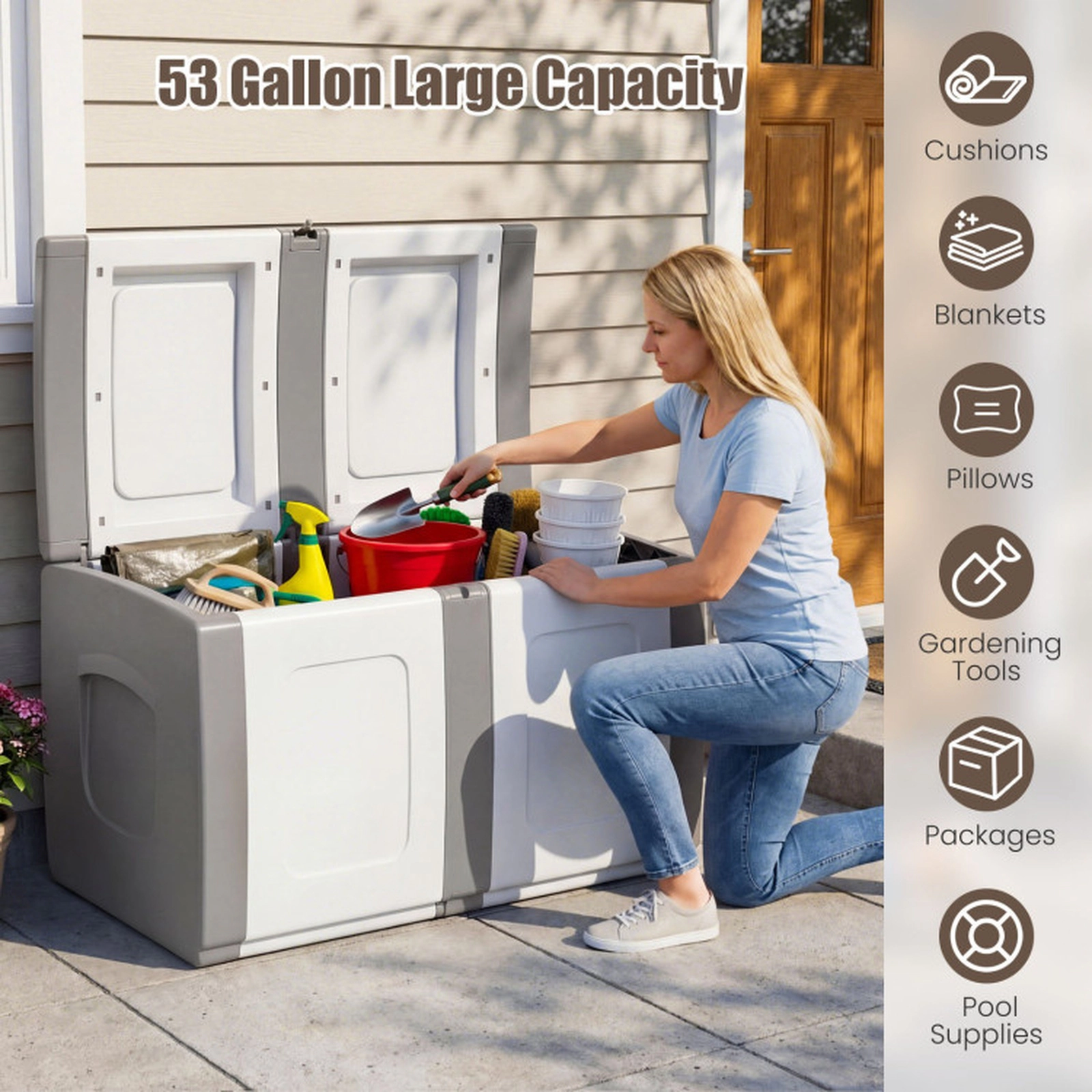 SUGIFT 53-Gallon Lockable Lid Waterproof PP Outdoor Patio Deck Storage Box 37-in x 21.5-in x 22.5-in 155-lb Gray