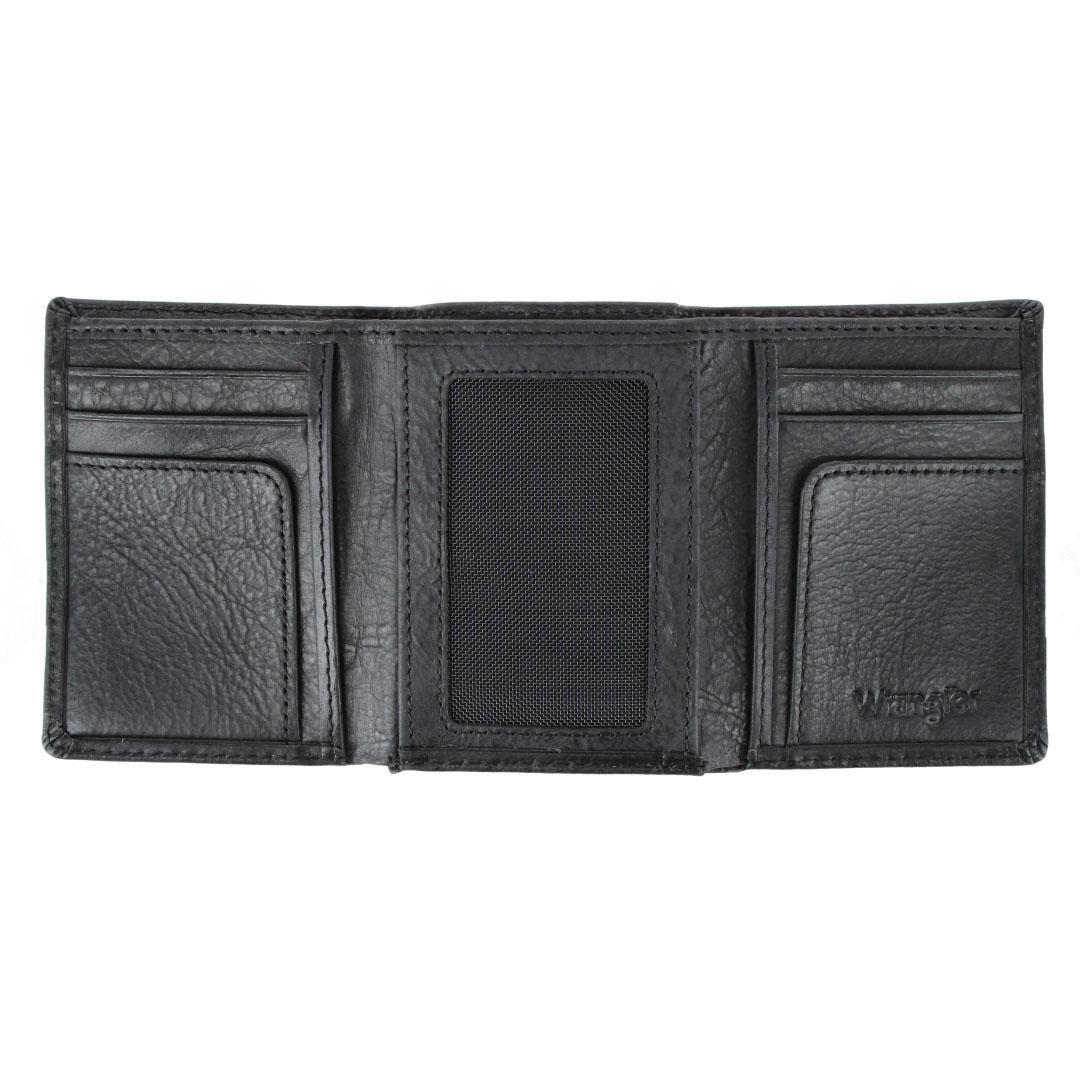 Wrangler Men's Pebble Grain Leather Trifold Wallet with Metal Logo