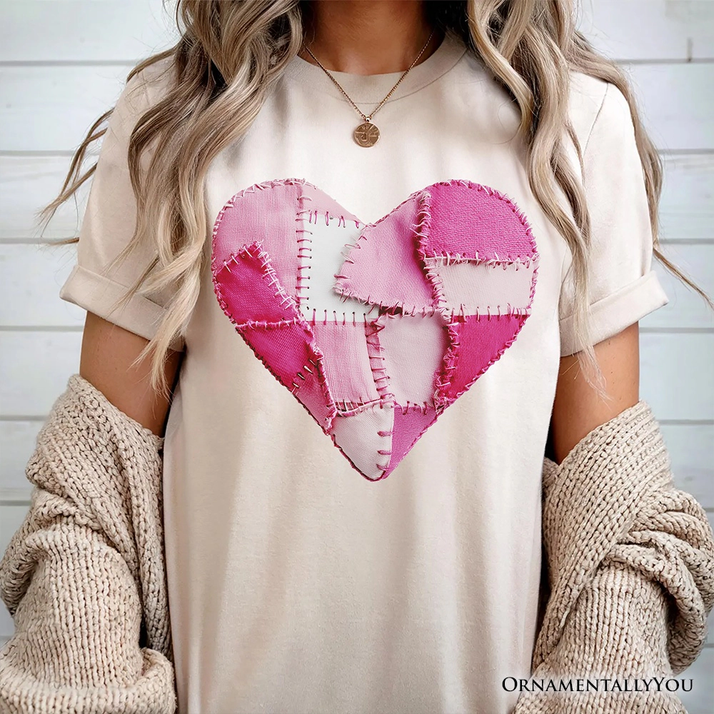 OrnamentallyYou Womens Patchwork Pink Heart Valentine T-Shirt