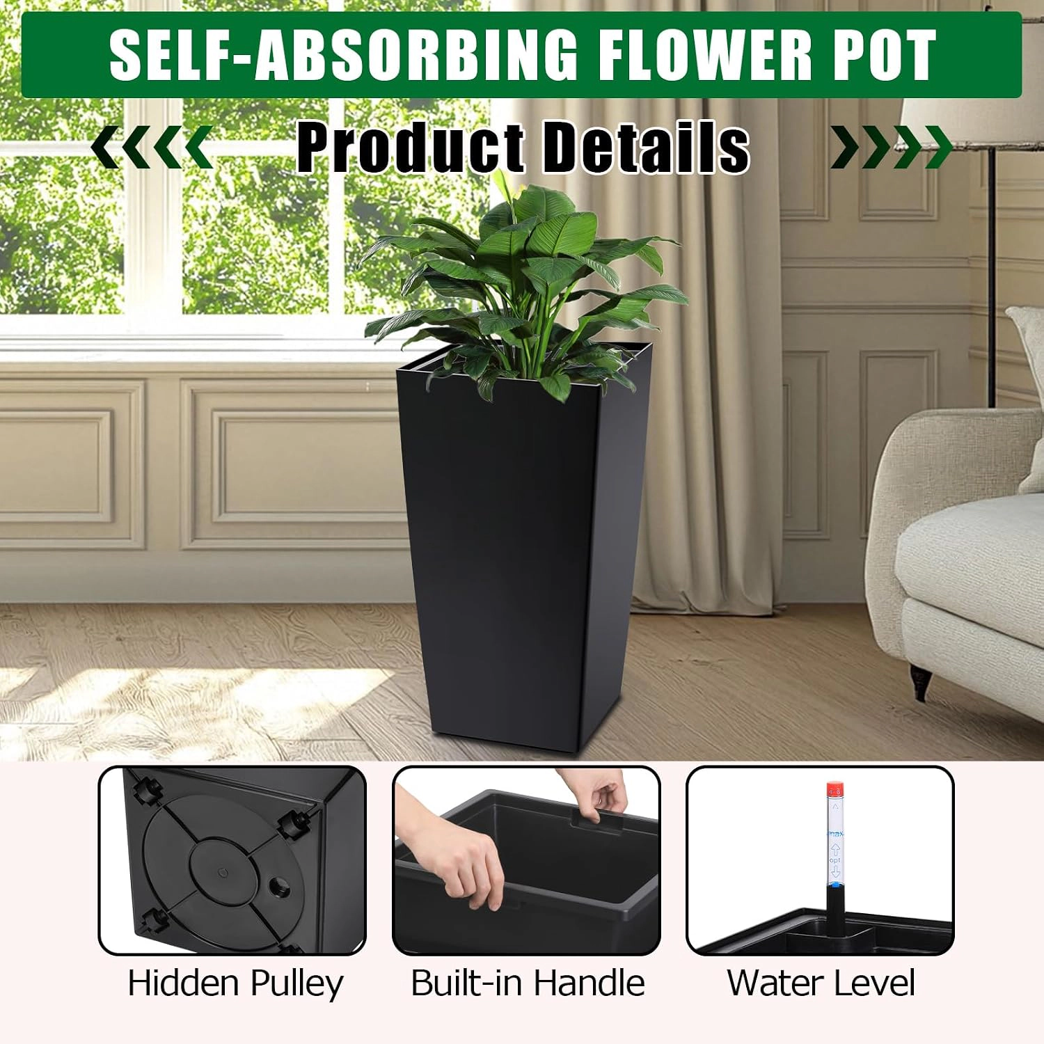 Set of 2 Tapered Planters 30" Tall, Modern White Plastic with Drainage & Drip Tray, Outdoor Patio Porch Garden Decor