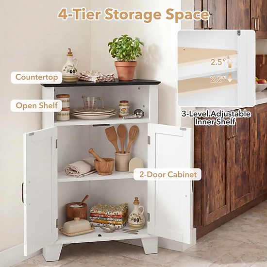 SUGIFT 4-Tier 33-in Freestanding Corner Storage Cabinet with Doors and Open Shelf for Bathroom Kitchen