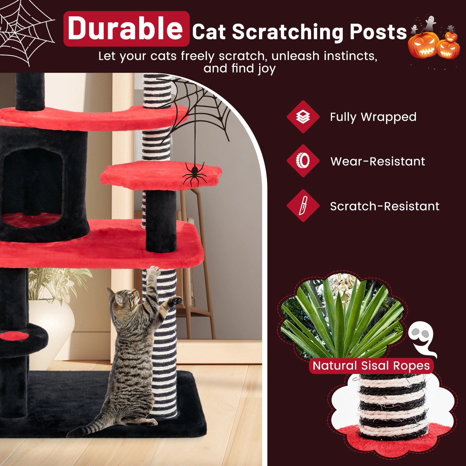 SUGIFT Black and Red 52 in Gothic Cat Tree with Cat Bed Condo and Sisal Post