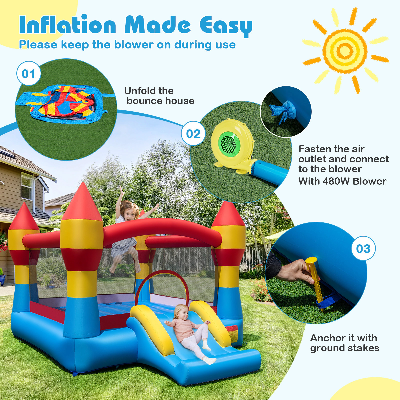 3-in-1 Kids Inflatable Bouncer with Slide Basketball Hoop Crawl-Thru Door and 480W Blower for Yard 200-lb Capacity